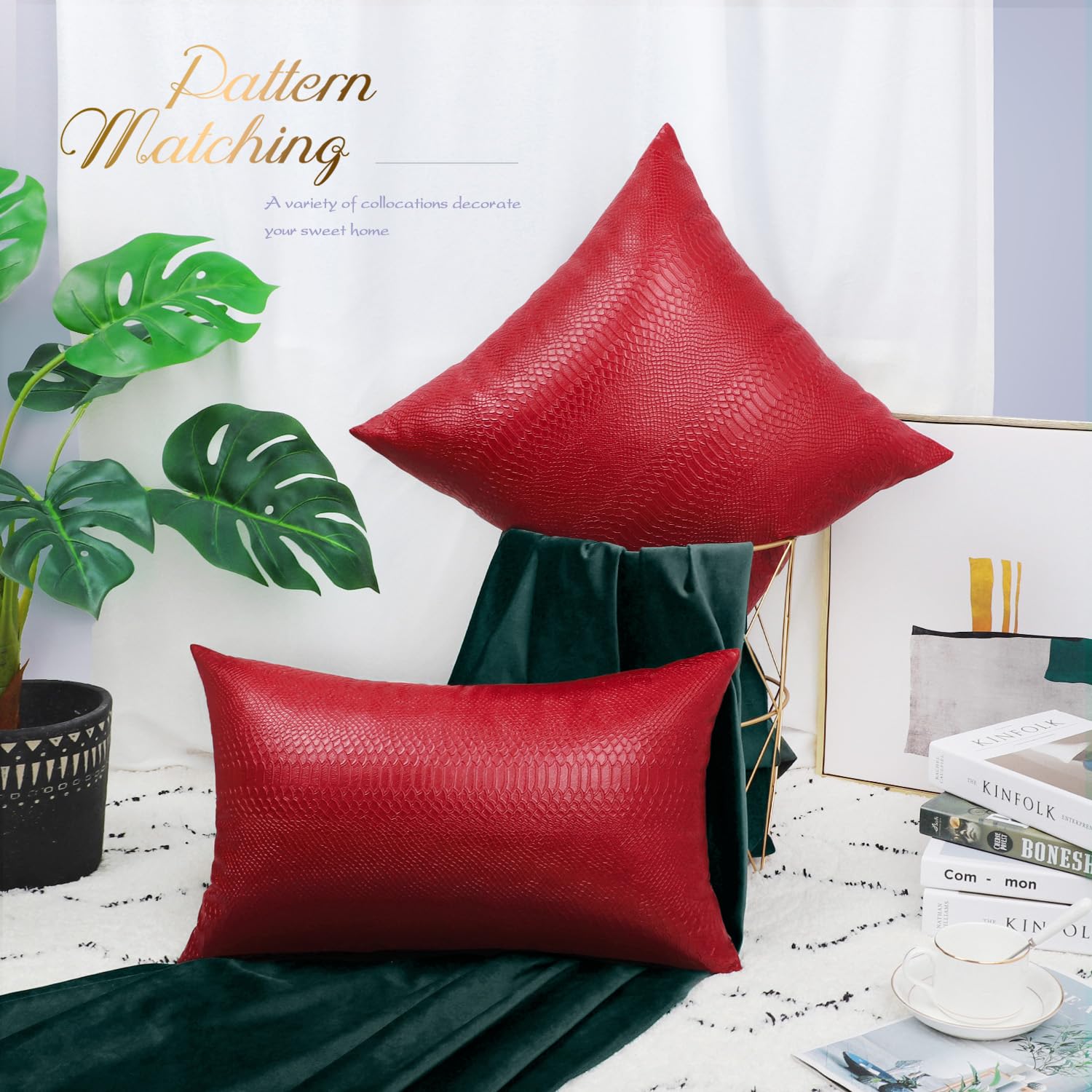 Brawarm Christmas Red Leather Throw Pillows 12 X 20 Inches, Snake Leather Pillow Covers Pack Of 2, Faux Leather Decorative Lumba