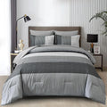 Wongs Bedding Grey Comforter Set Queen, Reversible Grey Striped Patchwork Down Alternative Comforter For Queen Bed,3 Pieces (1 C