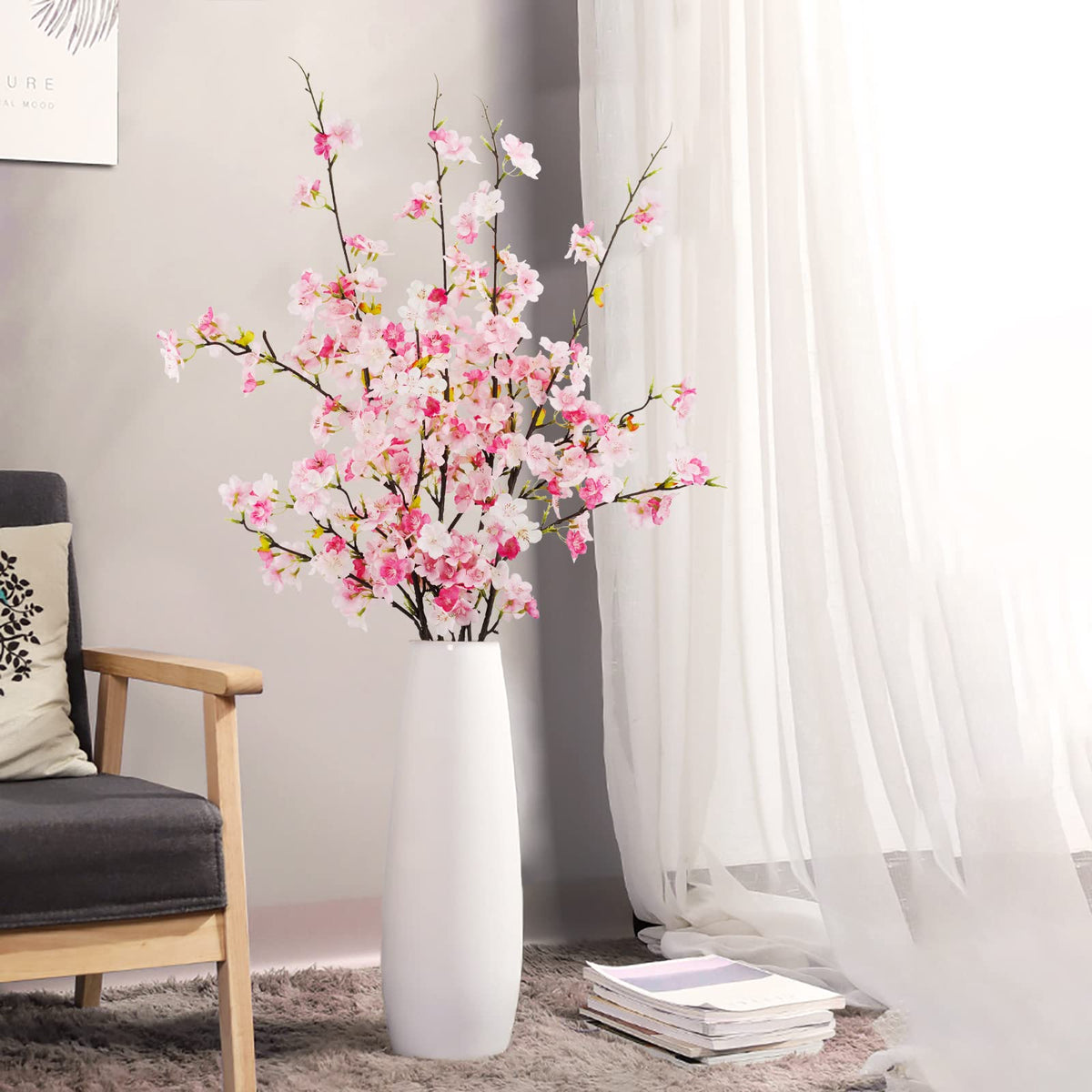 Obbsie 4Pcs Artificial Cherry Blossom Flower Branches, 39.4' Fake Silk Pink Cherry Blossom Tree Stems Faux Cherry Flowers Vase