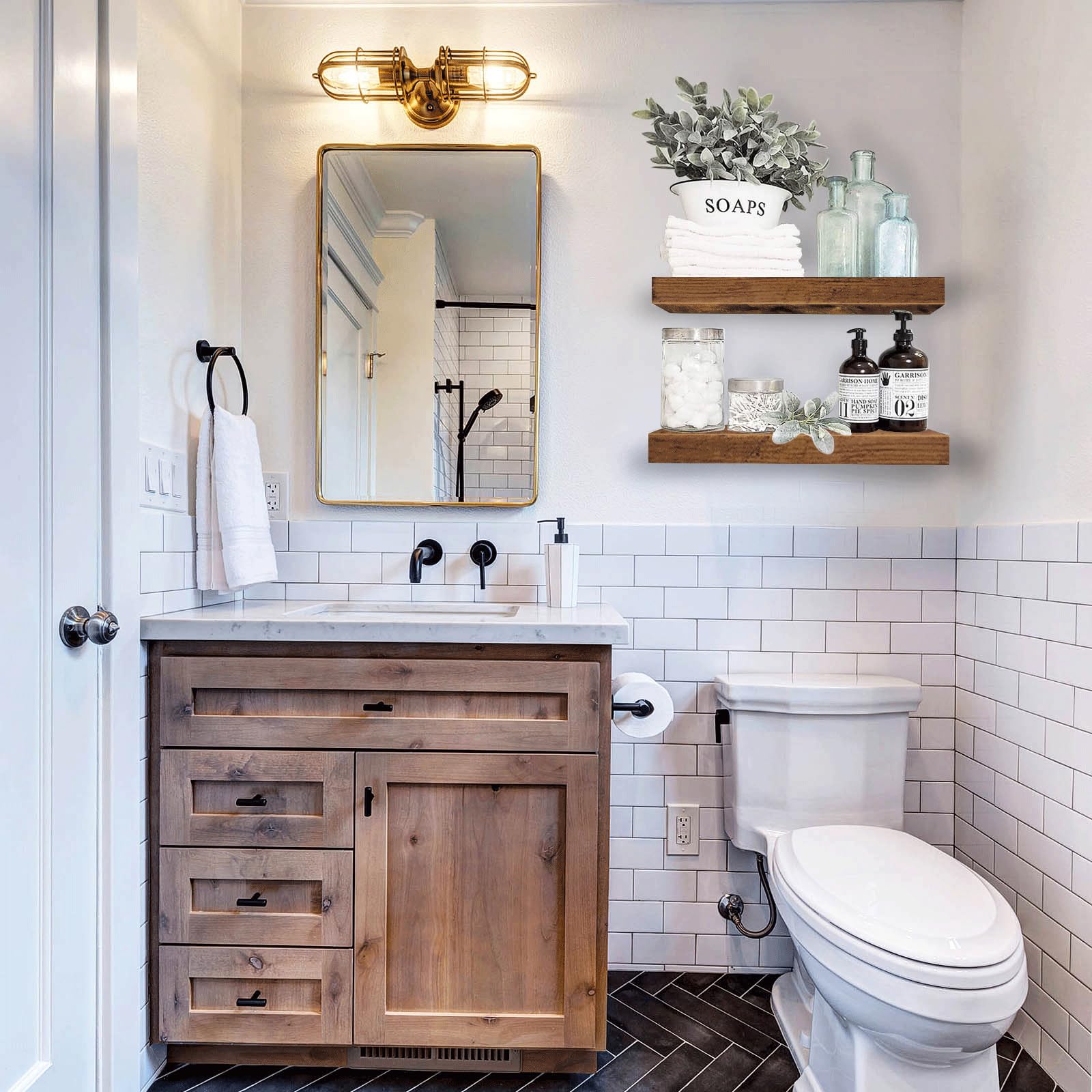 Qeeig Bathroom Floating Shelves For Wall - Shelf Over Toilet Small Wall Mounted Farmhouse Decor 16 Inch Set Of 2, Rustic Brown (