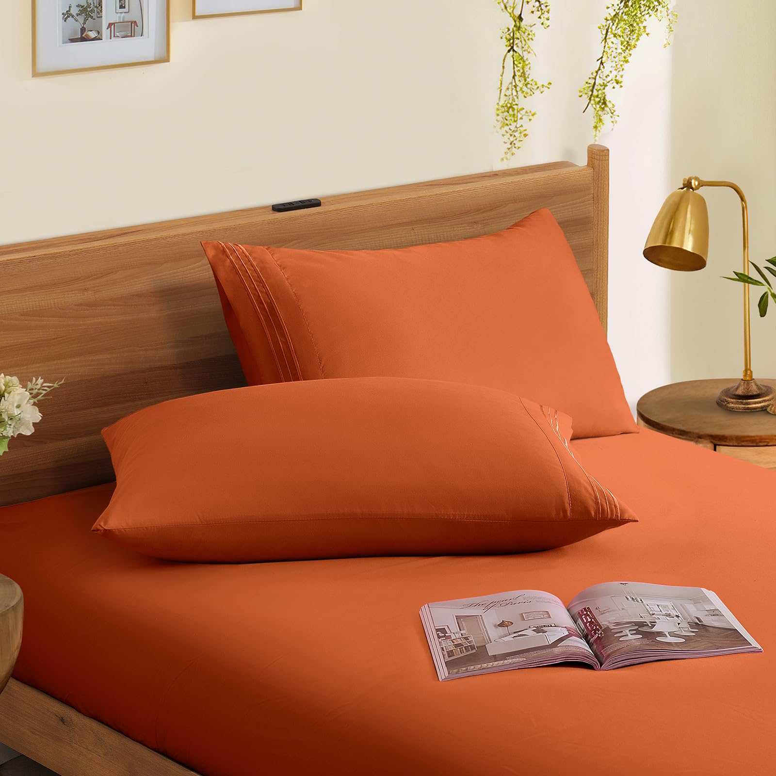 Horbaunal 2 Pack Microfiber Pillowcases Queen Size Burnt Orange Bed Pillow Cases With Envelope Closure, 1800 Thread Count Soft &