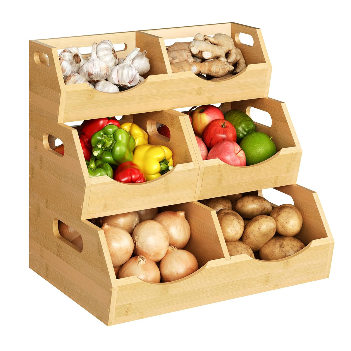 Onion Storage Bins Potato, 3 Tier Bamboo Pantry Storage Bin Stackable Ventilated Kitchen Organizer for Pantry, Countertop, Bathr