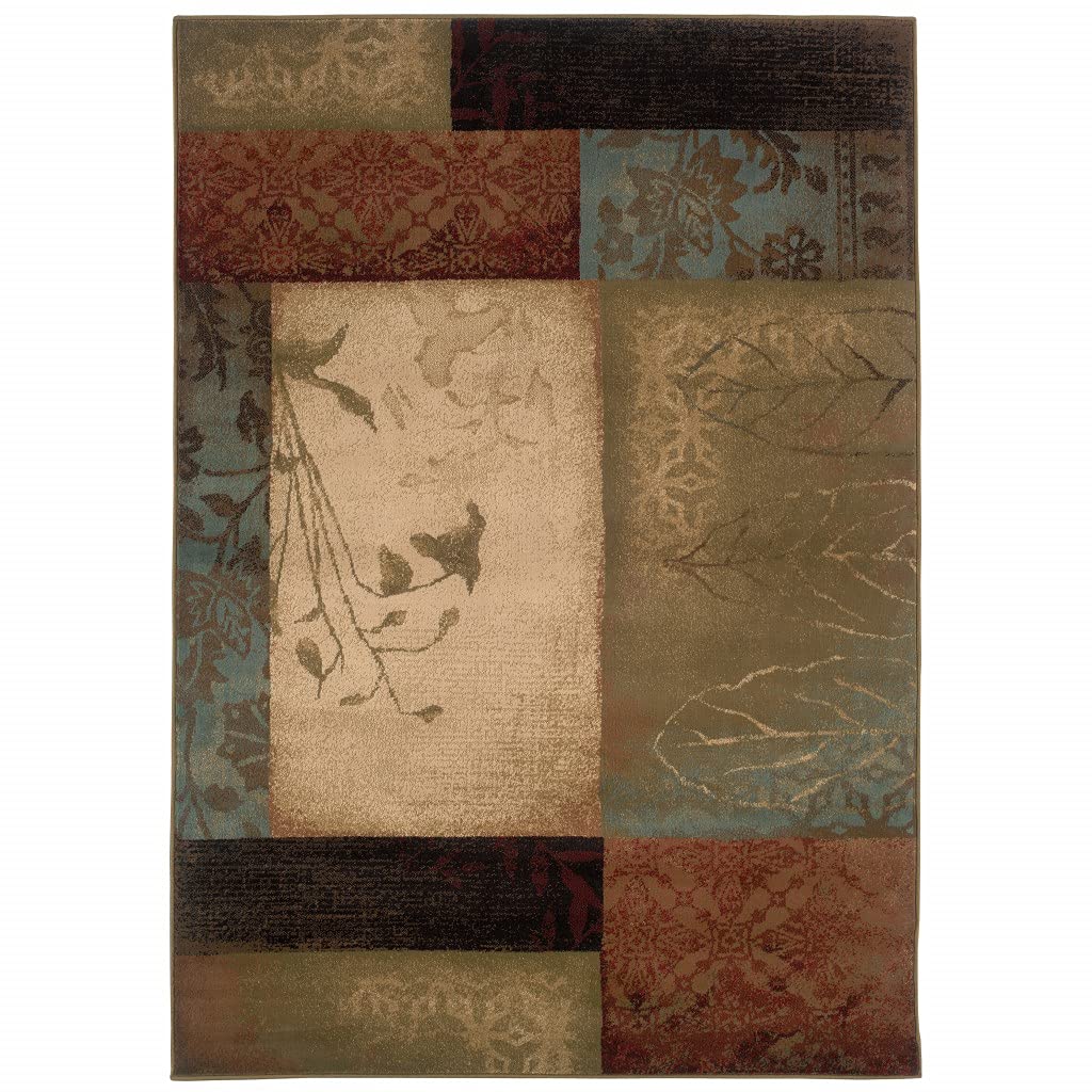 HomeRoots Polypropylene 10’ x 13’ Beige and Brown Floral Block Pattern Area Rug