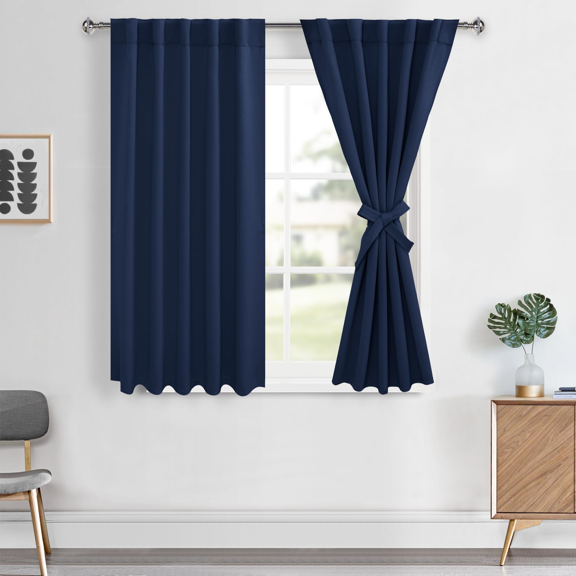 Hiasan Navy Blue Curtains 45 inch Long, Light Blocking Thermal Insulated Rod Pocket & Back Tab Blackout Drapes Sewn with Tieback