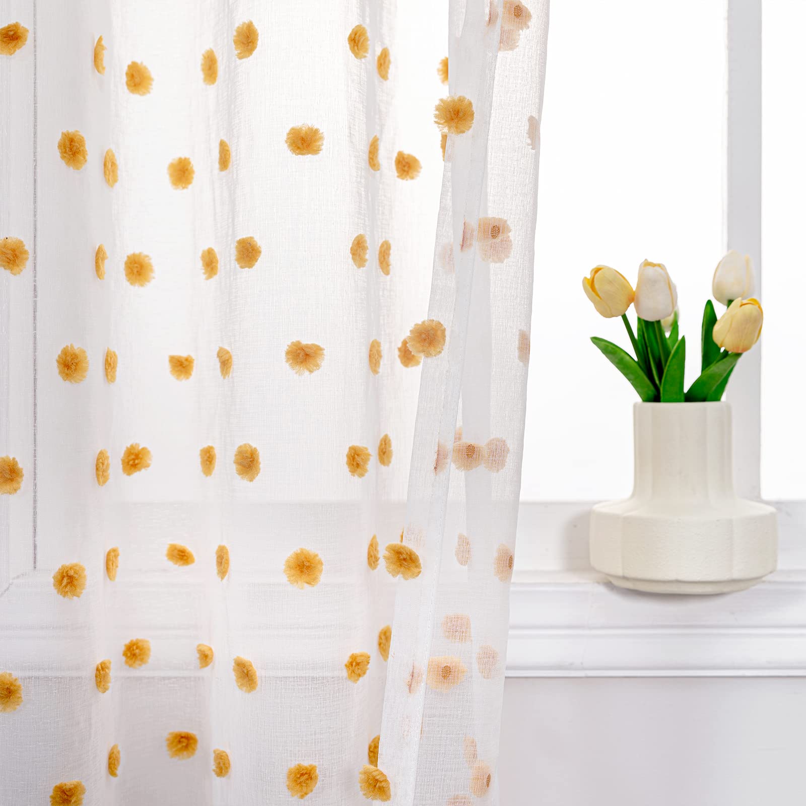 Mysky Home Pom Pom Curtains For Girls Bedroom 63 Inch Burnt Orange Curains For Nursery Kids Room Sheer Curtains For Living Room Dining Room Rod Pocket Small Window 52' X 63' Set Of 2