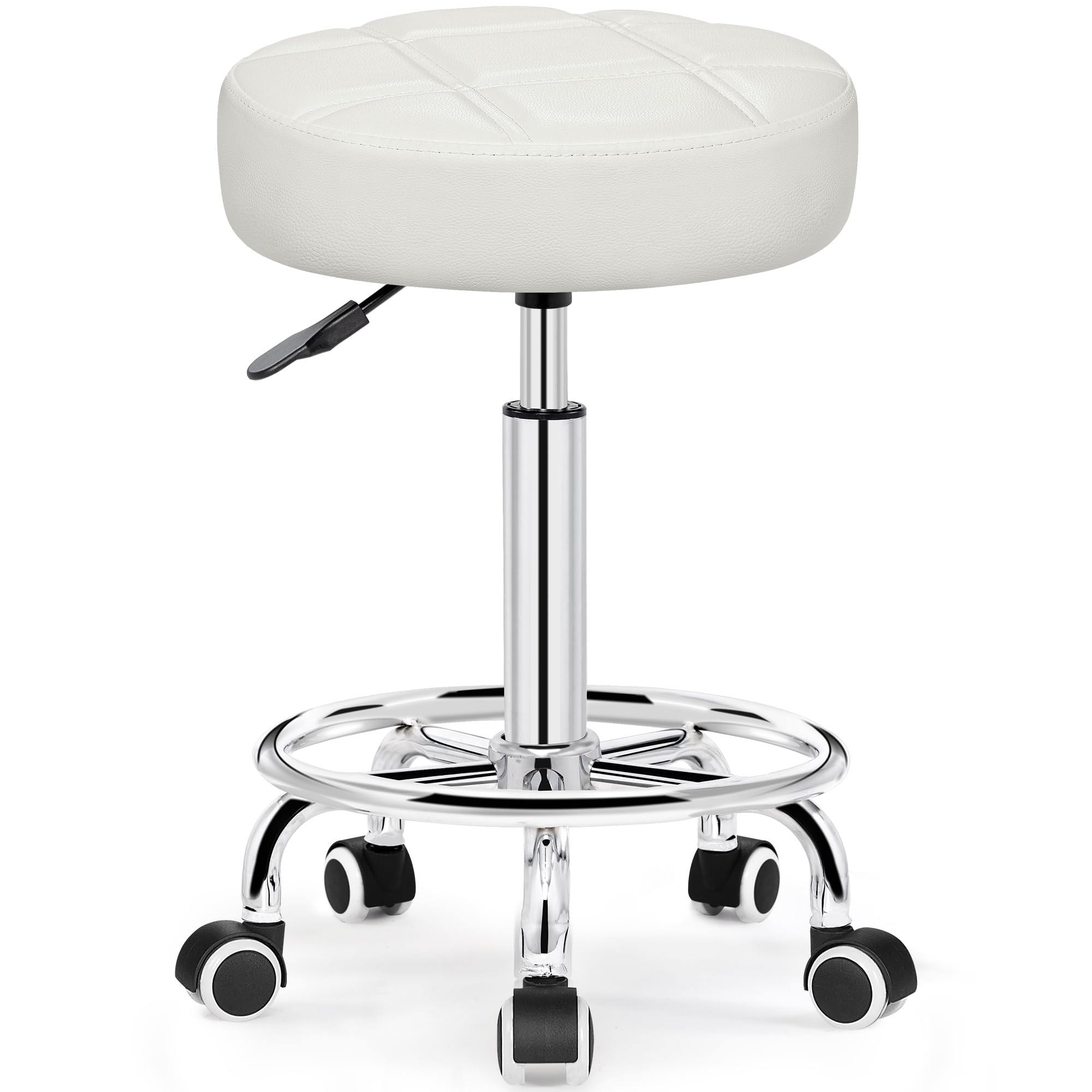 Brick Attic Rolling Stool With Wheels, Pu Leather Small Office Chair With Foot Rest,Versatile Adjustable Swivel Stool For Tattoo