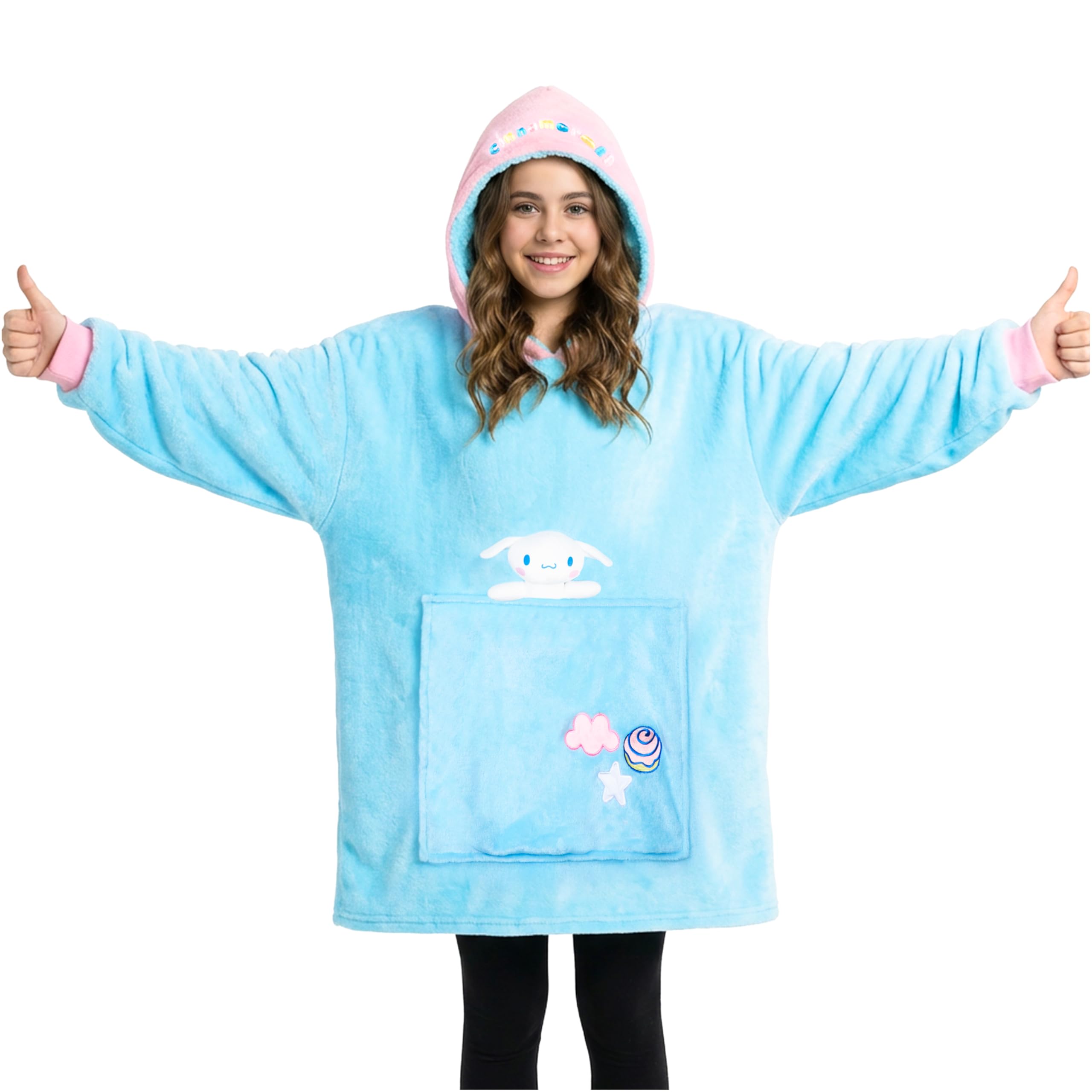 Hello Kitty Sanrio Cinnamoroll Blanket Hoodie Girls, Teens, Kawaii Fleece Wearable Blanket with Plush, Gifts for Girls (Blue Cin