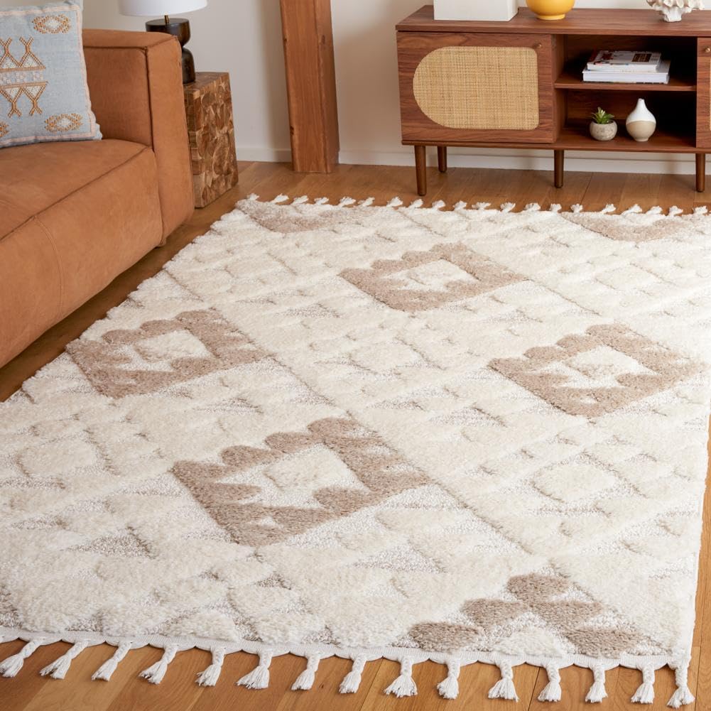 Safavieh Moroccan Tassel Shag Collection Area Rug - 67 x 92, Ivory & Beige, Contemporary Design, Ideal for High Traffic Areas 