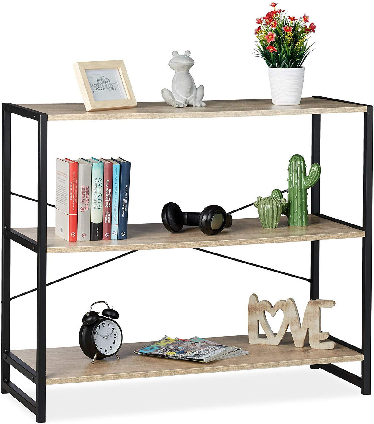 indian decor. 45868 oak/metal standard , shelving unit, industrial storage design, bookcase with 3 shelves (h x w x d70x50x35 c