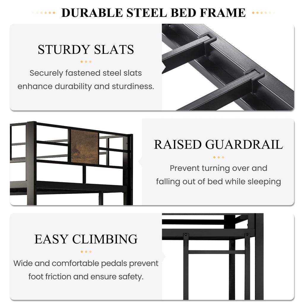 Sha Cerlin Loft Bed Twin Size With Ladder And Guardrail,Rustic Design,Metal Slats Support No Box Spring Needed Small Space Saving Furniture For Bedroom Dorm