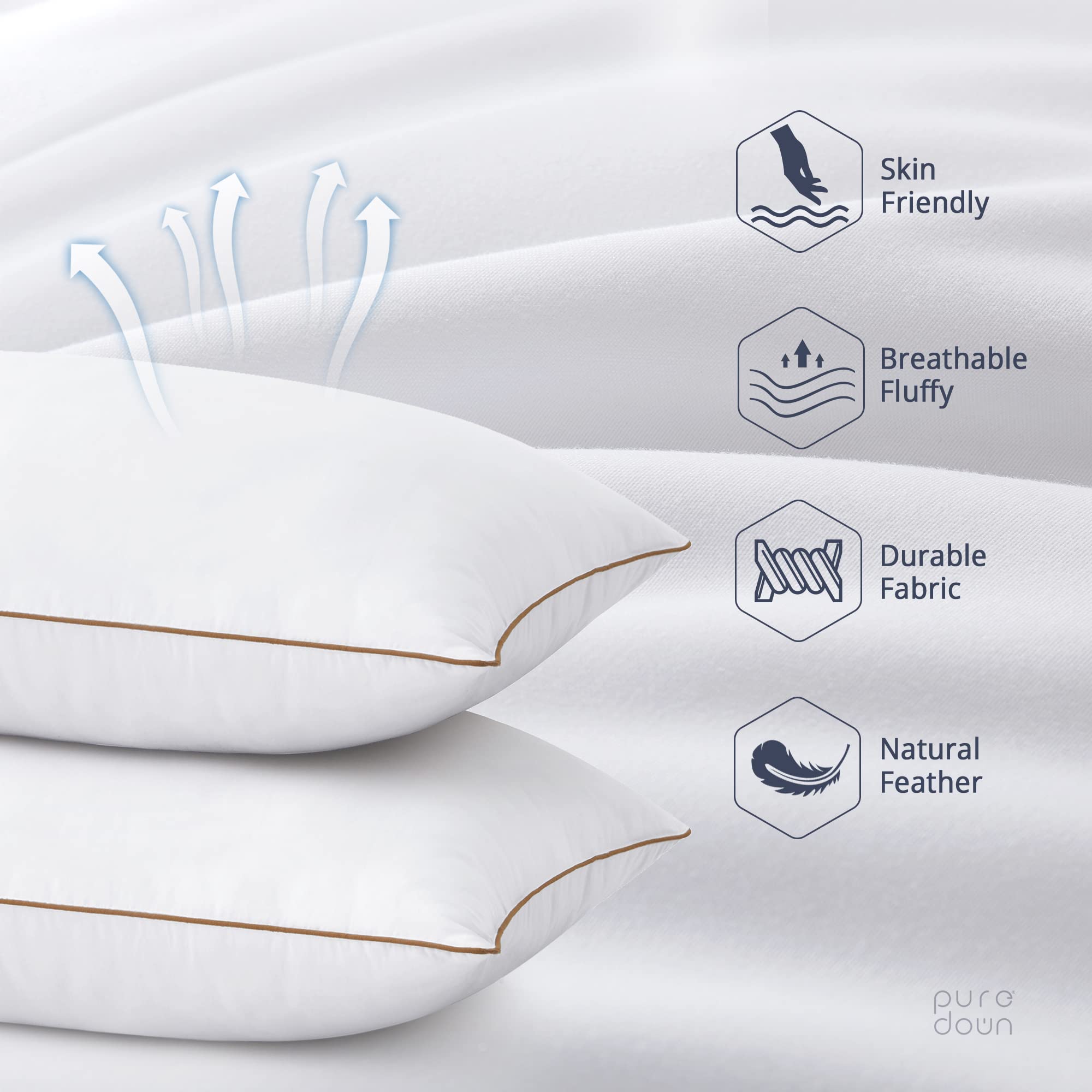 Puredown® Goose Feathers And Polyester Pillows, Premium Medium To Firm Bed Pillows For Sleeping, Luxury Pillows With Downproof Cover, 2 Pack, King Size, 20X36 Inches