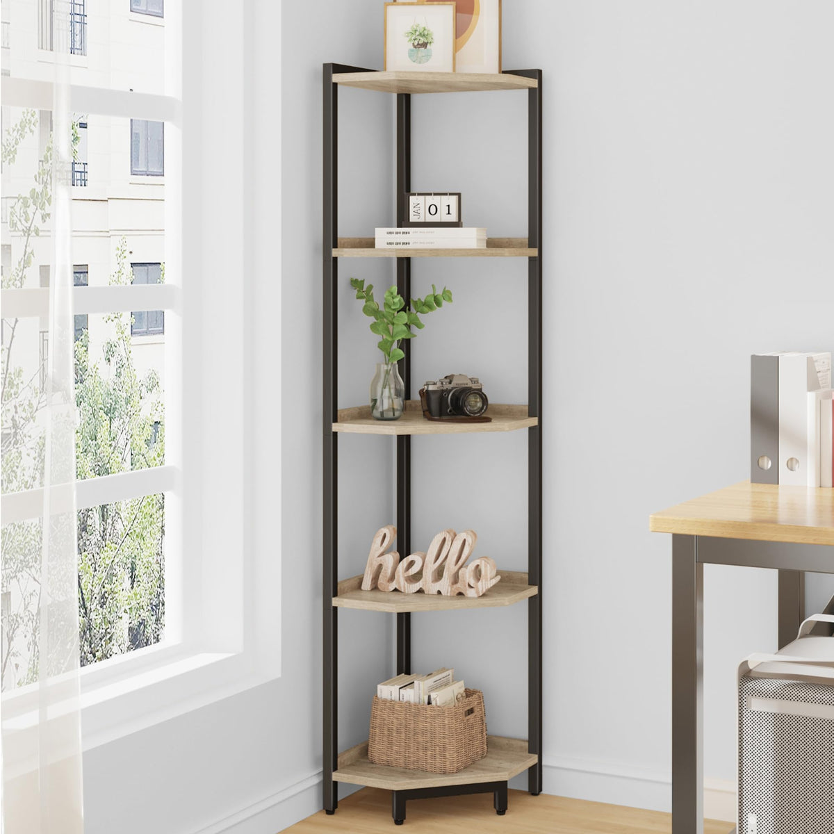 Hzuaneri Corner Shelf Stand, Corner Bookshelf, Storage Standing Shelf Unit With Metal Frame, Plant Stand, Corner Bookcase For Living Room, Home Office, Bedroom, 5-Tier Greige Cs05905B