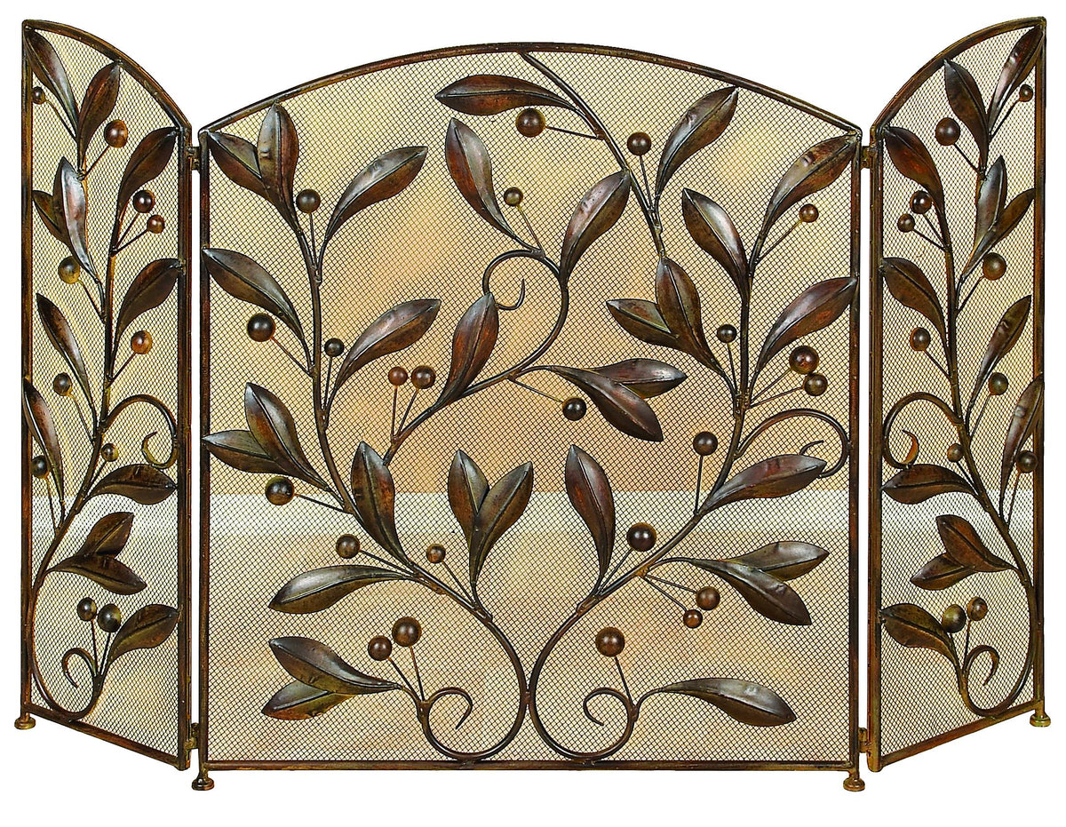 Mesh Design 3 Panel Metal Fire Screen with Leaf Motif, Bronze