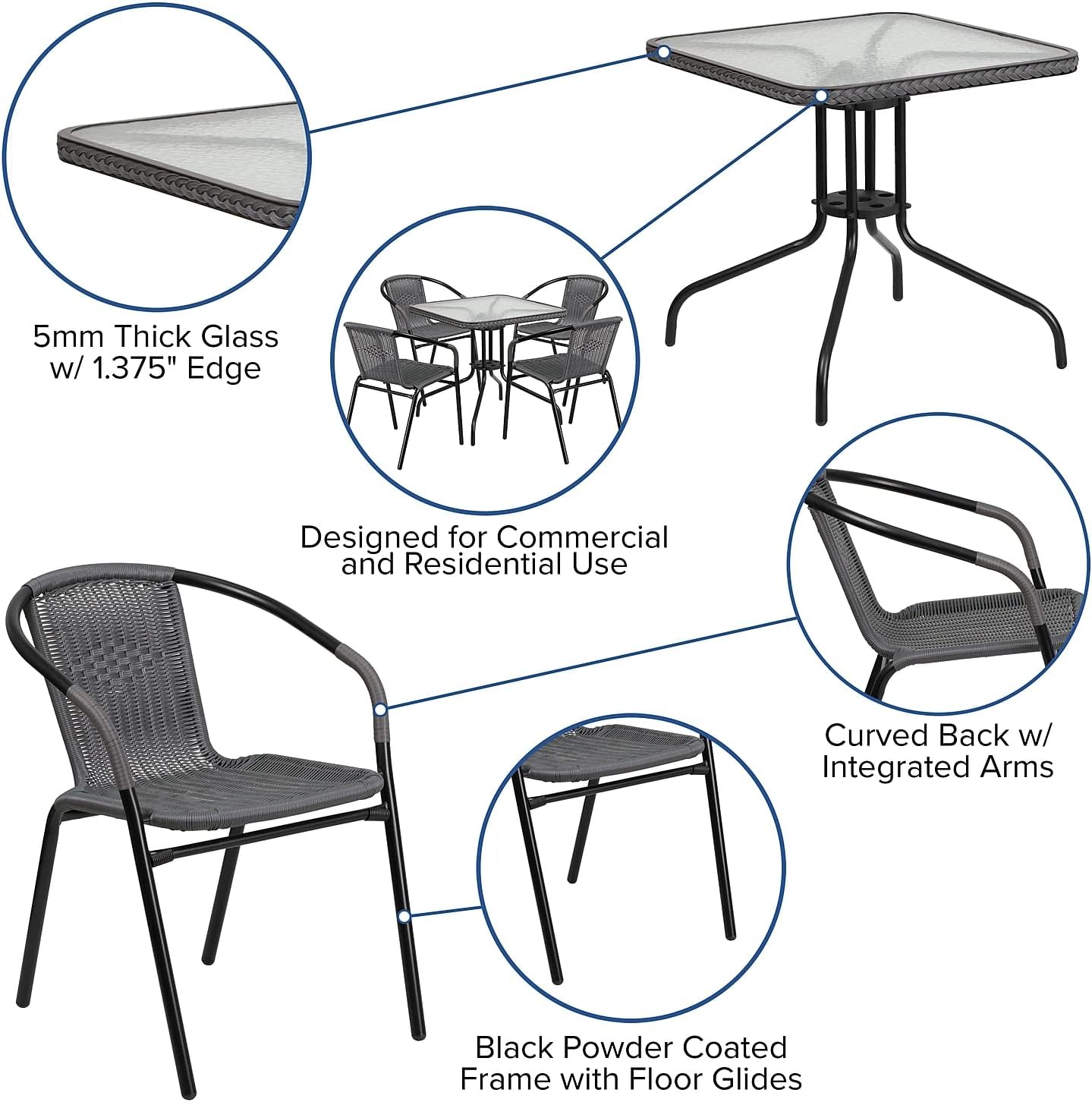 28 Square Glass Metal Table with Gray Rattan Edging and 4 Gray Rattan Stack Chairs