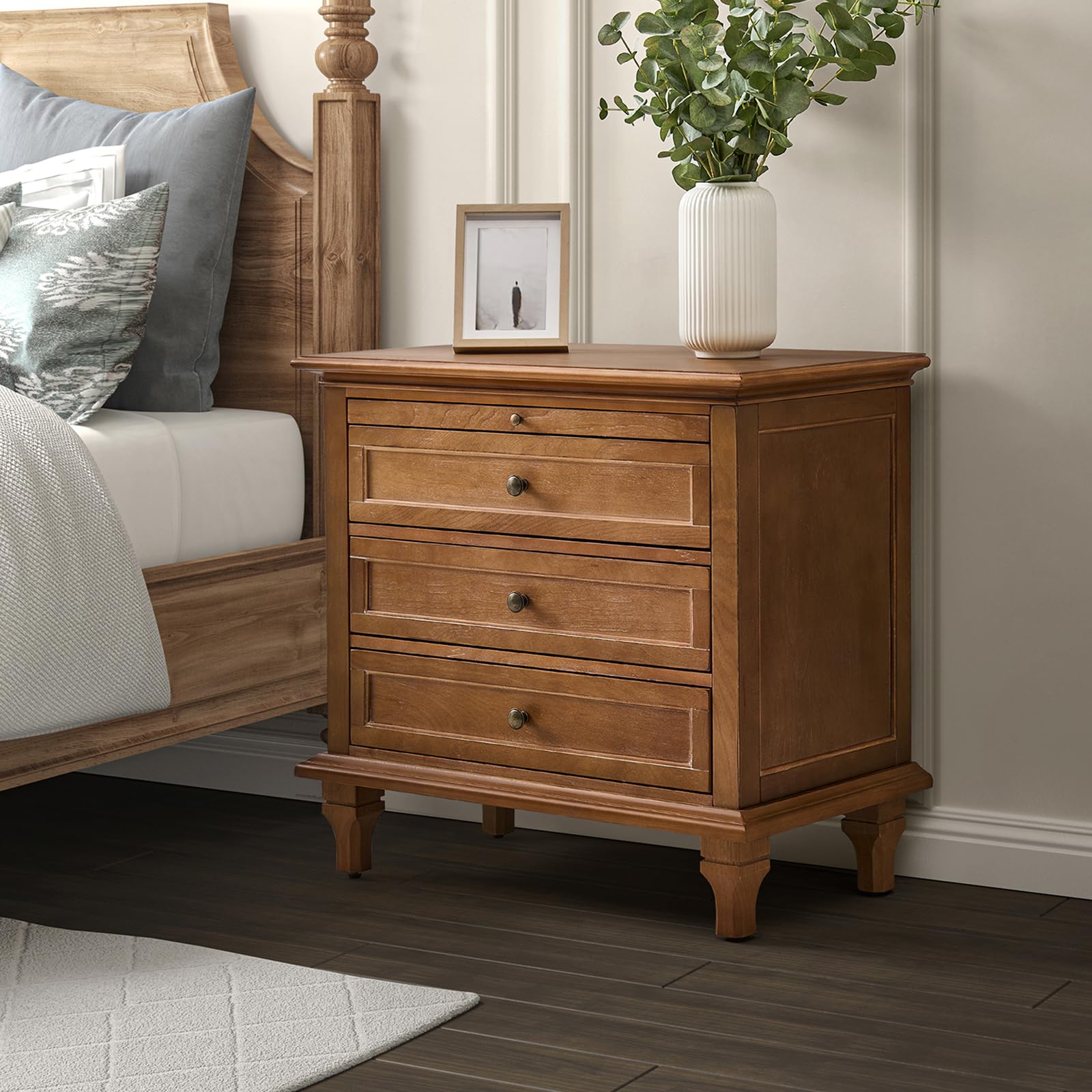 HULALA HOME Farmhouse 3 Drawer Nightstand with Charging Station, Drawer Organizer with Wood Legs, Nightstand with Pull-Out Shelf