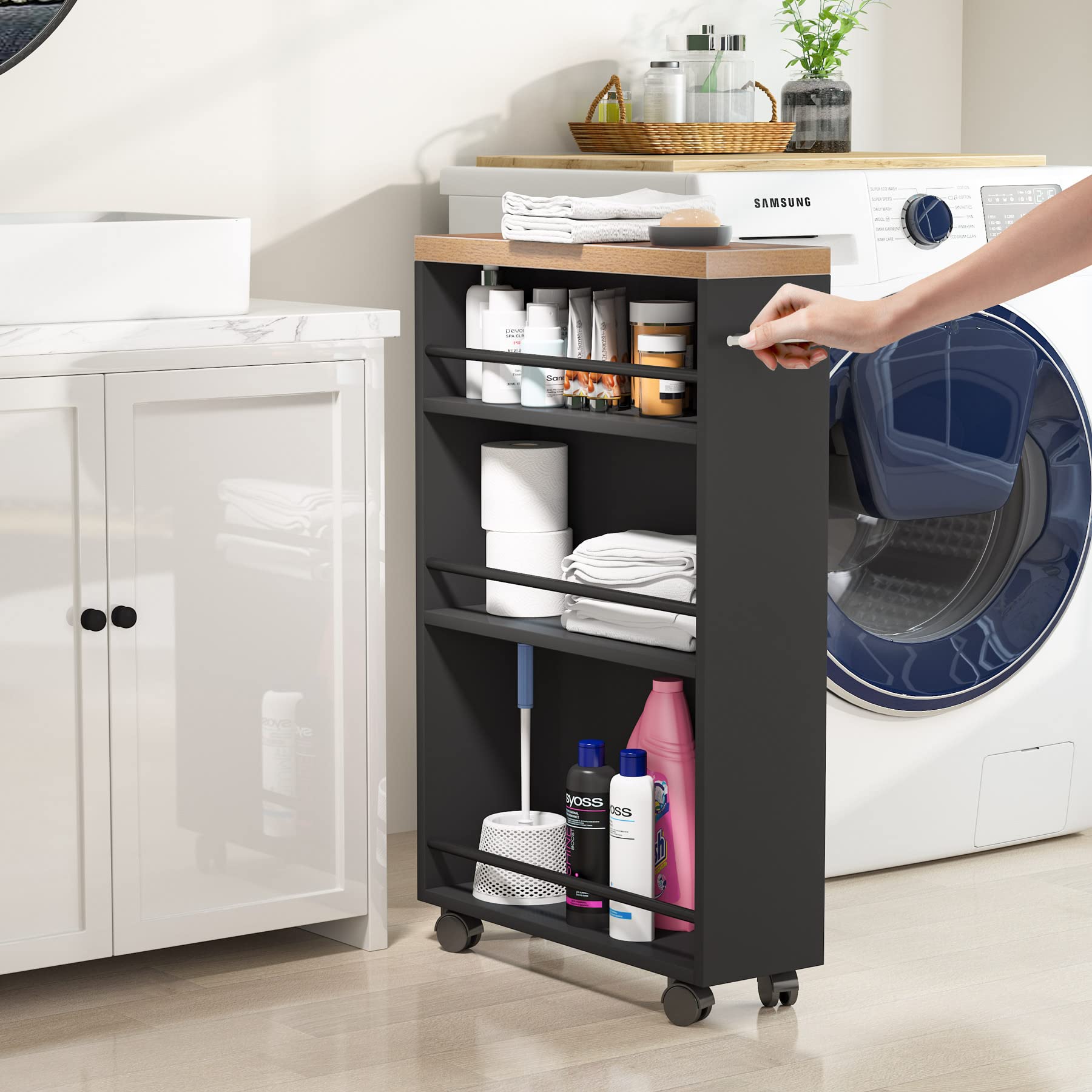 Tribesigns Slim Storage Cart, Rolling Narrow Kitchen Cart On Wheels For Small Place, 4-Tier Slide Out Slim Utility Cart Skinny Laundry Cart With Handle For Kitchen, Bathroom, Laundry (Rustic)