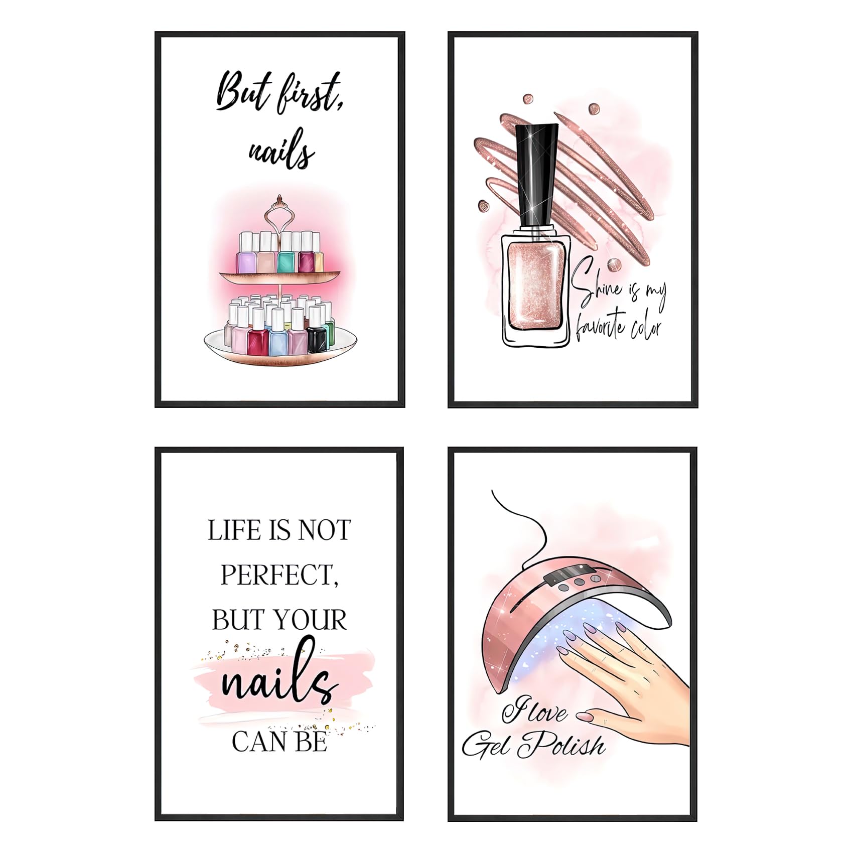 KLPOARTQ Modern Girl Room Decor, Nail Quote Poster Set with 4 Pieces Frame, Fashion Wall Art Prints Canvas Painting Pictures Bea