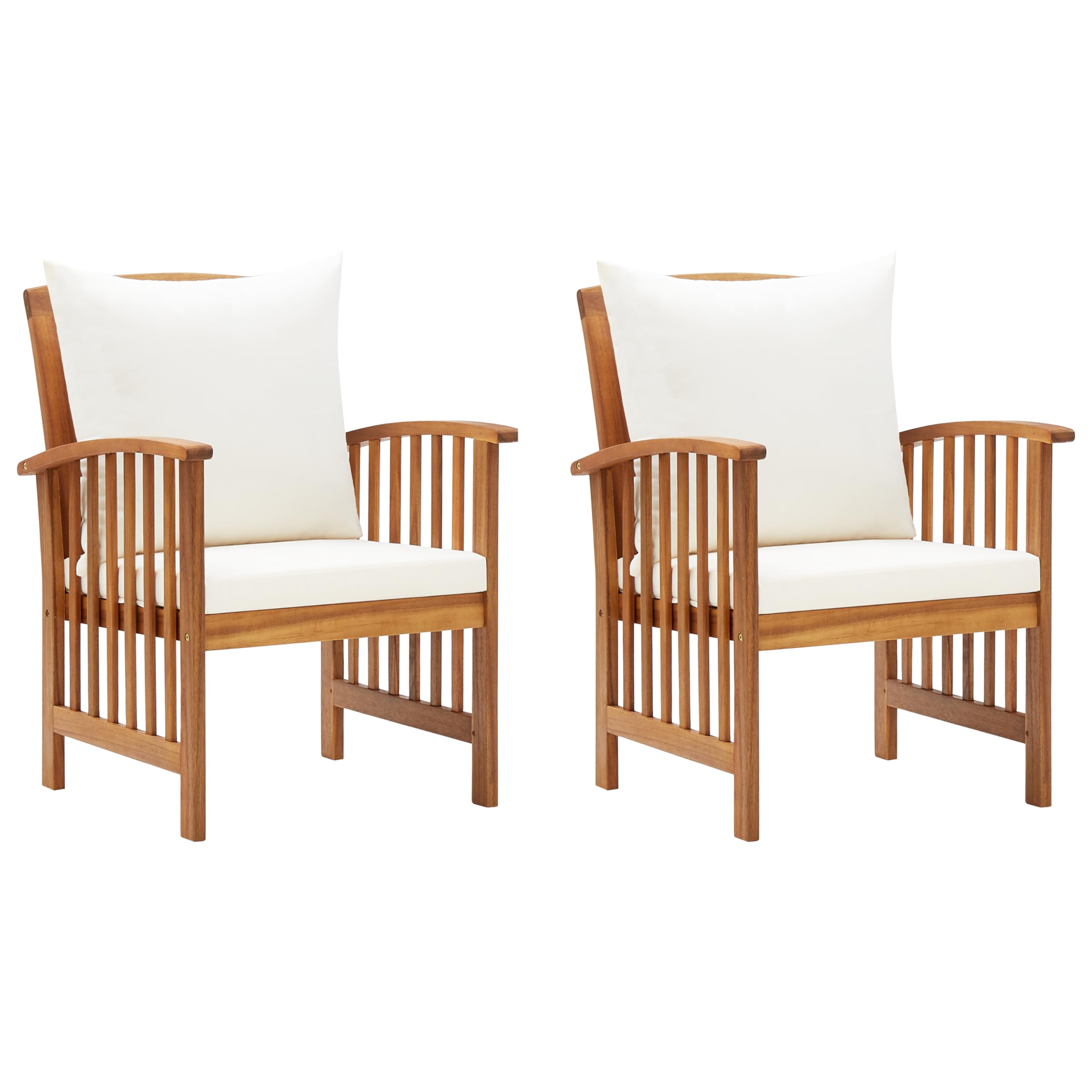 vidaXL Outdoor Dining Chairs, Set of 2, Solid Acacia Wood, with White Cushions, Natural Finish Slatted Design, for Garden Patio 