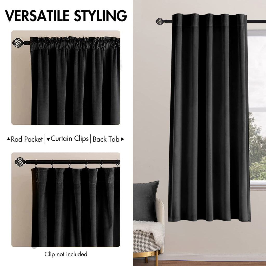 Miulee Black Velvet Curtains 63 Inch Length 2 Panels - Luxury Blackout Curtains For Bedroom Living Room Thermal Insulated Super Soft Window Drapes Rod Pocket & Back Tab, W52 X L63 Inches