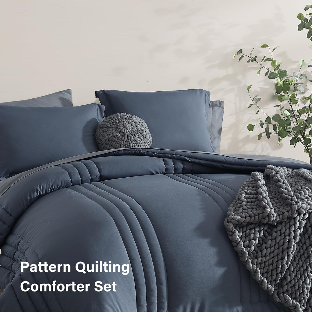 Monbix Queen Comforter Set - 7 Pieces, Blue Gray, All Seasons Down Alternative, Model Solid Comforter-001, Includes Sheets & Pillowcases