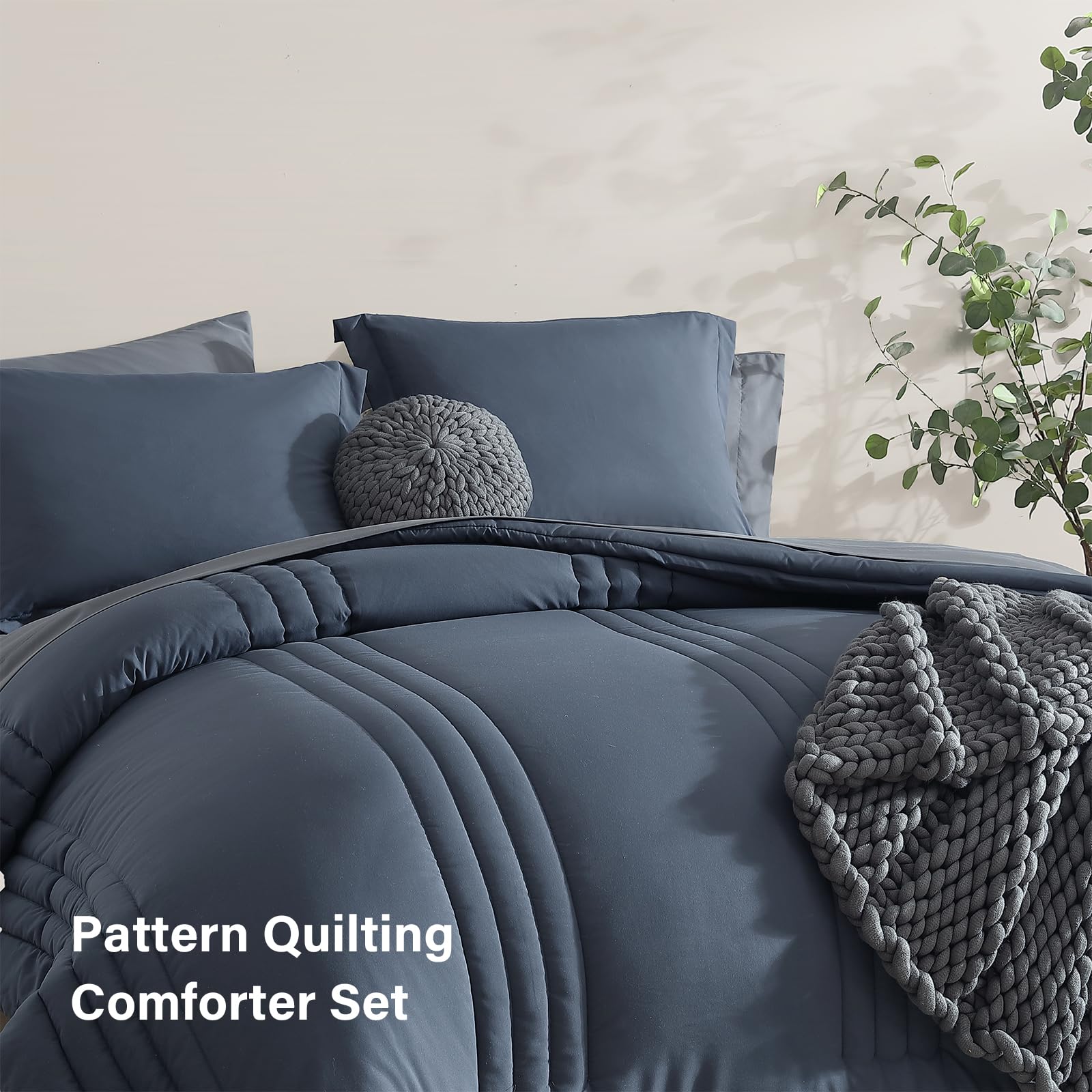 Monbix Queen Comforter Set - 7 Pieces, Blue Gray, All Seasons Down Alternative, Model Solid Comforter-001, Includes Sheets & Pillowcases