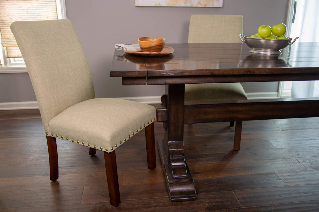 HomePop Classic Upholstered Parsons Dining Chairs Set of 2, Natural Linen with Nailhead Trim, Model K6380-F1326