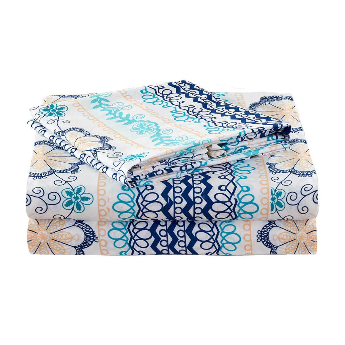 Jsd Blue Boho Printed Sheet Set King Size, 4 Piece Soft Floral Microfiber Sheets Extra Deep Pocket