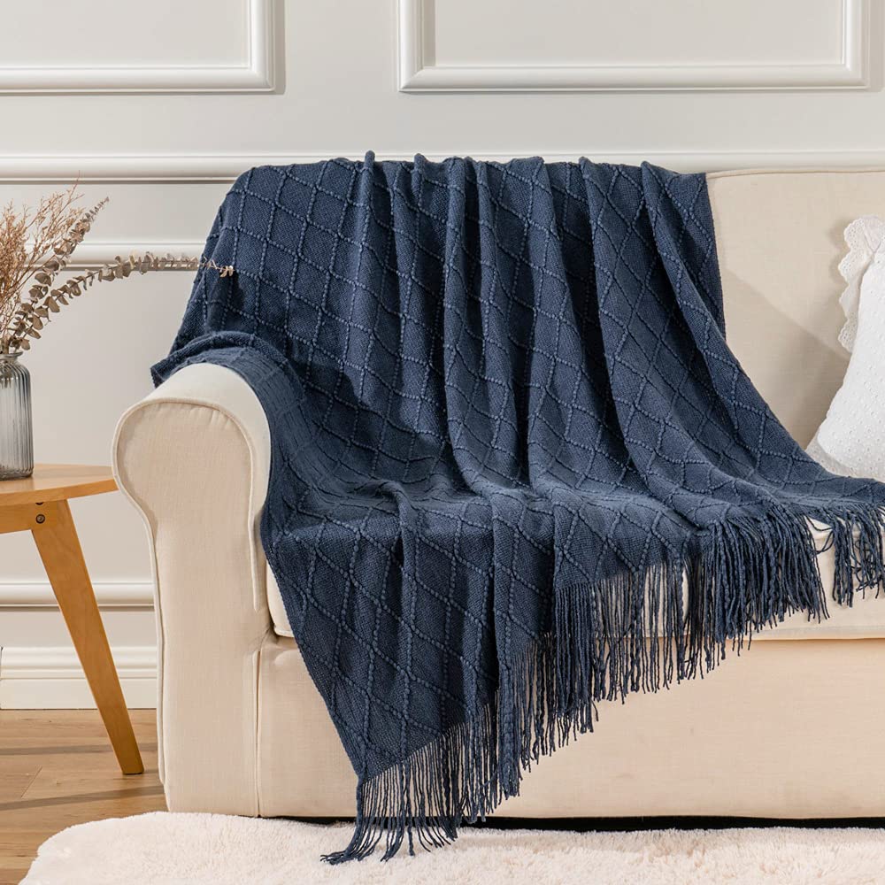 Battilo Home Navy Blue Throw Blanket With Fringe, Geometric Bed Blue Throws, Spring Decorative Large Throw For Couch Sofa Indoor