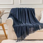 Battilo Home Navy Blue Throw Blanket With Fringe, Geometric Bed Blue Throws, Spring Decorative Large Throw For Couch Sofa Indoor