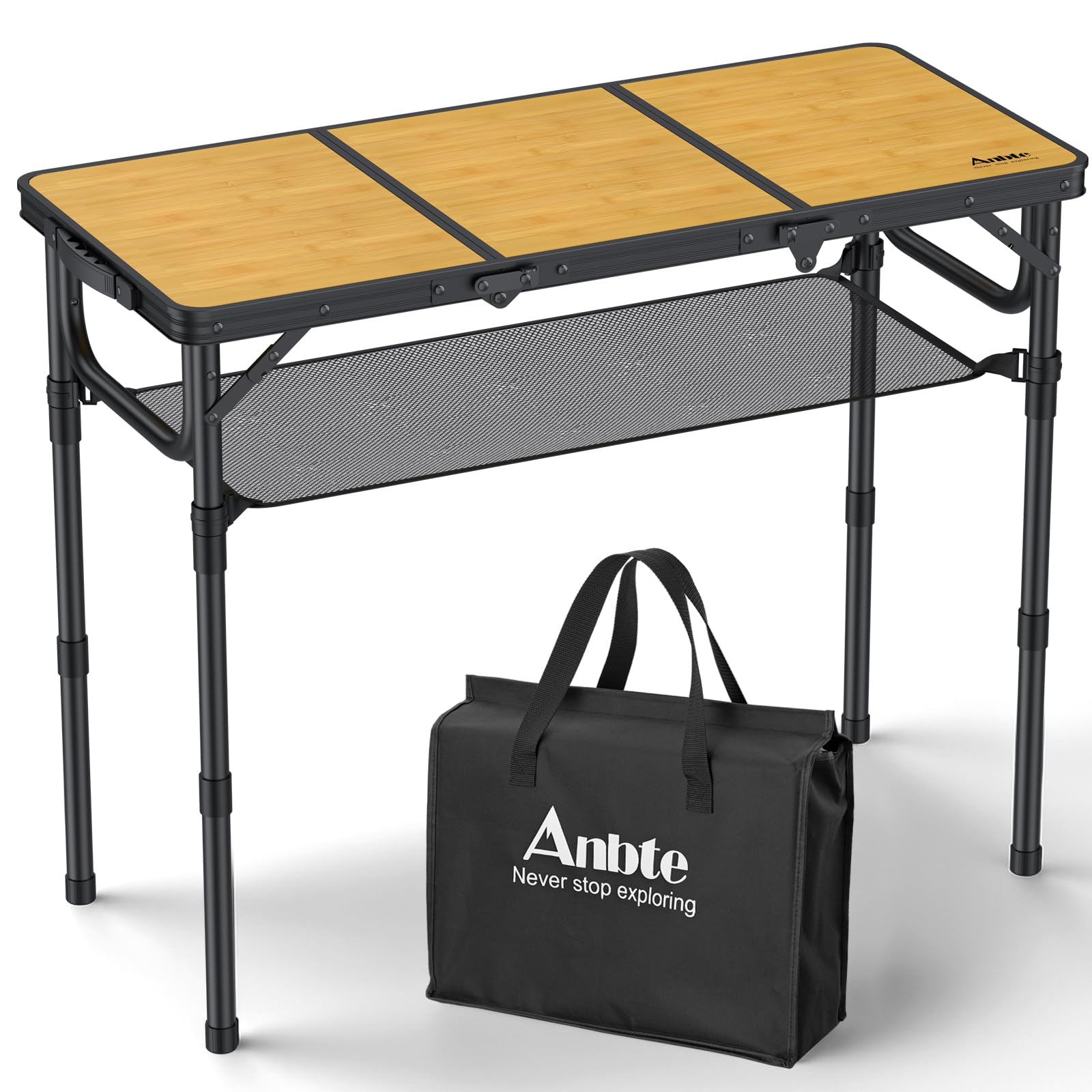 Anbte 3ft Camping Table Foldable with Storage Net and Bag, 3 Adjustable Heights High 27.5 Aluminum Camping Table, Portable, for 