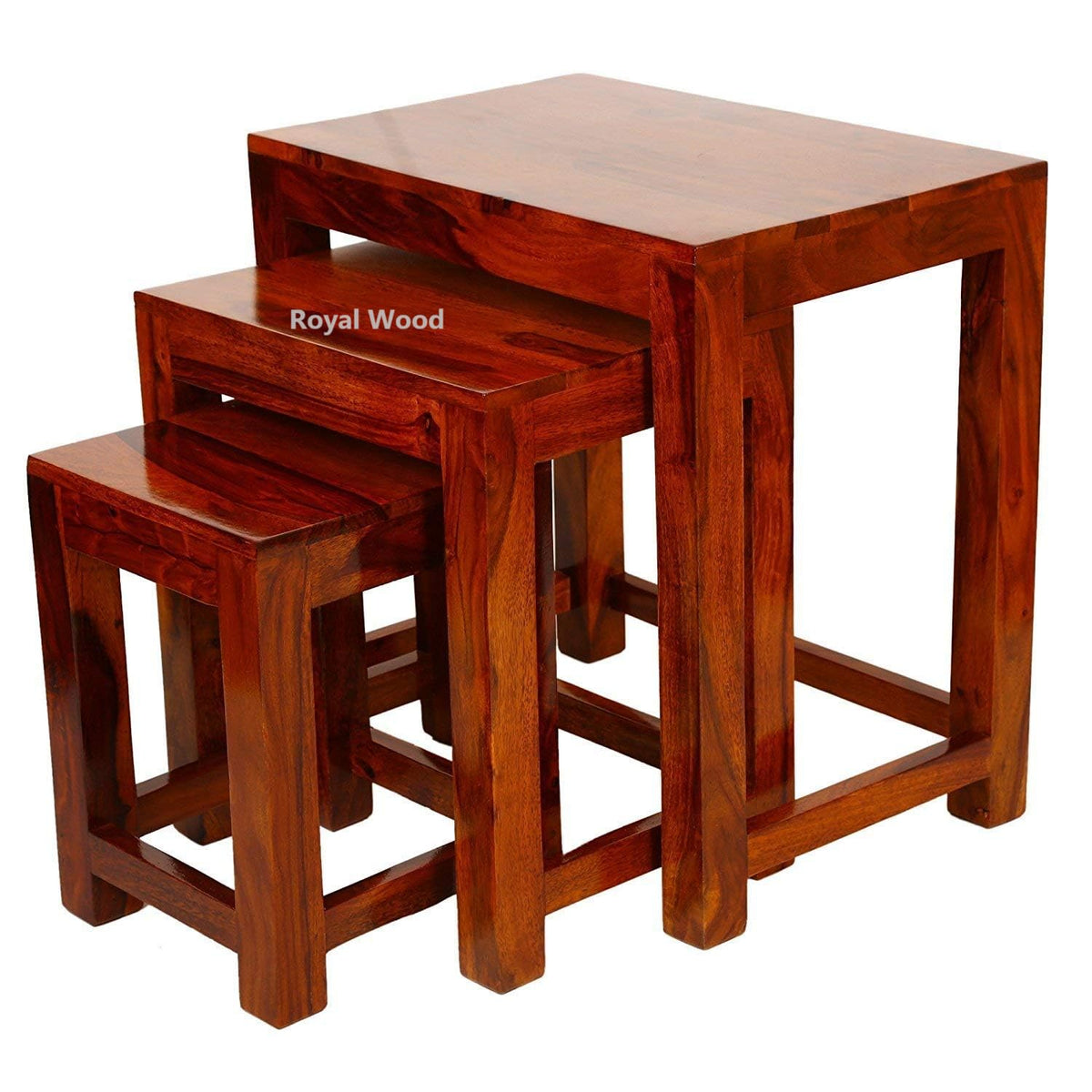 Royal Wood Sheesham Wood Smooth Finish Nesting Table Solid Sheesham Wood Nesting Table Set Of 3 Stools, Wood Table, Writing Desk