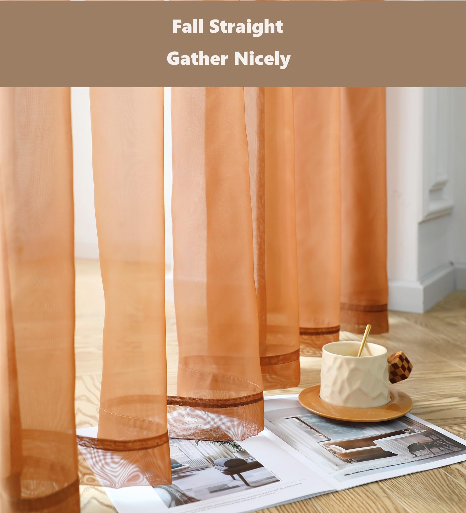 Pi Sheer Curtains,Valance Small Window Treatment Light Voile With Rod Pocket For Café/Kitchen/Bedroom/Living Room 2 Panels (W42Xl30,Caramel Brown)