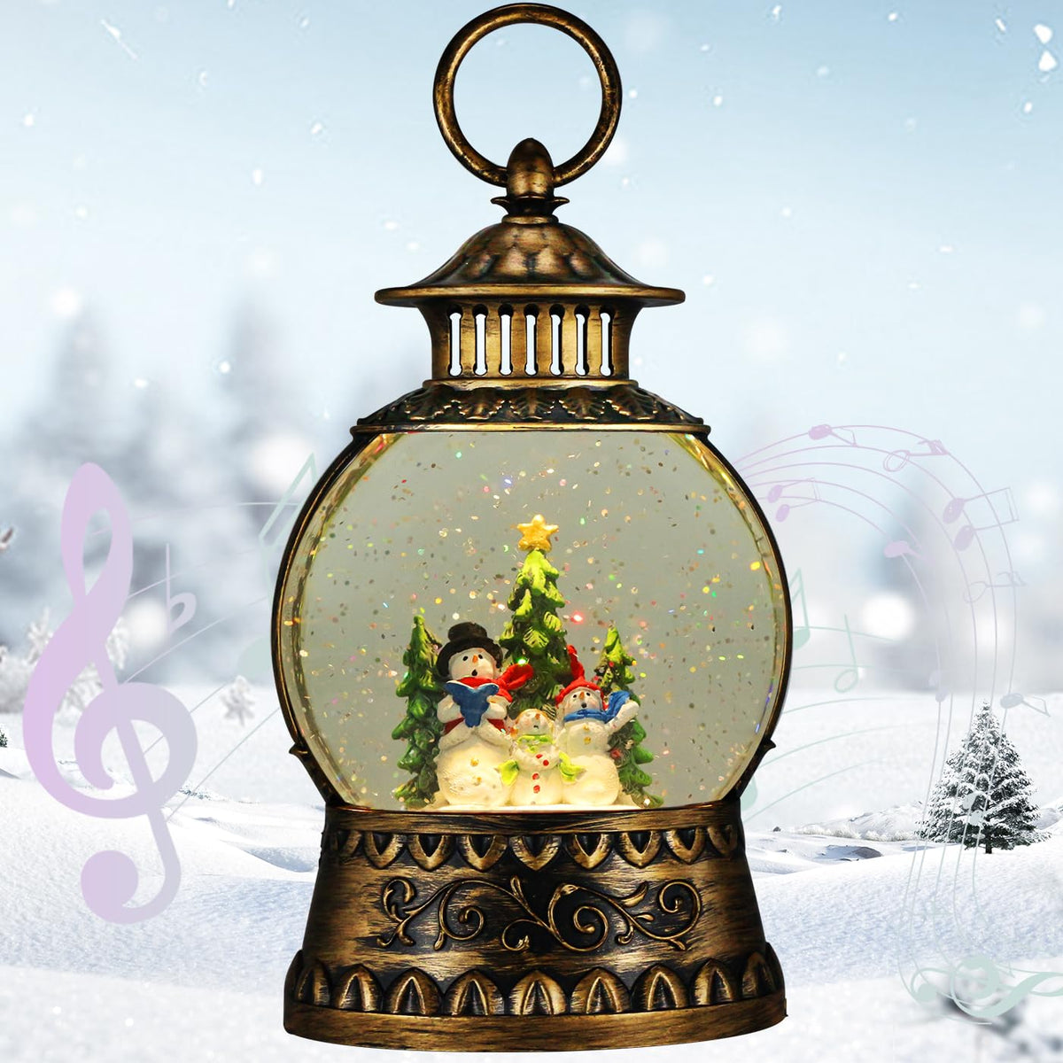 Christmas Snowman Snow Globe, Snowman Musical Snow Globe Lantern Lights with 6H Timer Battery & USB Powered, Retro Style Holiday
