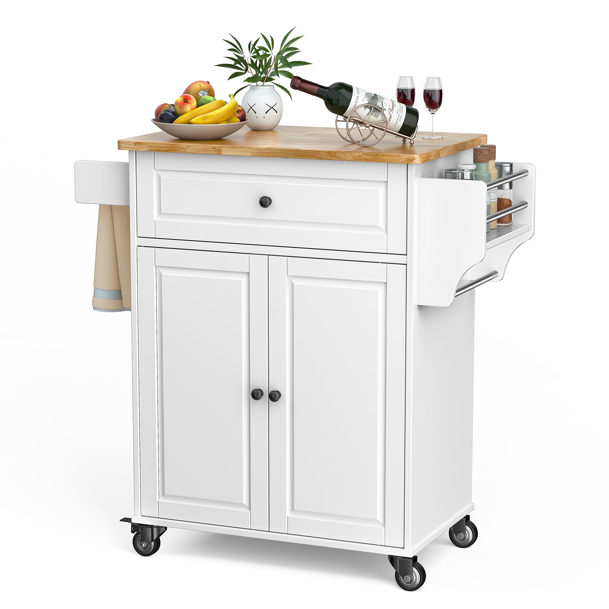 Gizoon Kitchen Island Cart with Adjustable Shelf, 35.8 W Mobile Trolley Cart on Metal Wheels with Drawer & Storage Cabinet, Spic