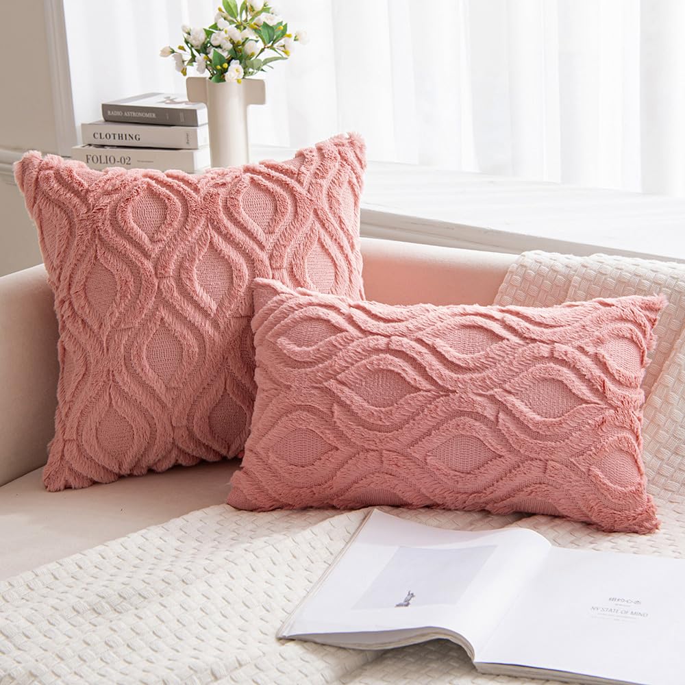 Miulee Coral Red Throw Pillow Covers 18X18 Inch, Soft Winter Plush Faux Wool Couch Pillow Covers Set Of 2 Decorative Farmhouse Boho Throw Pillows For Sofa Living Room Bed