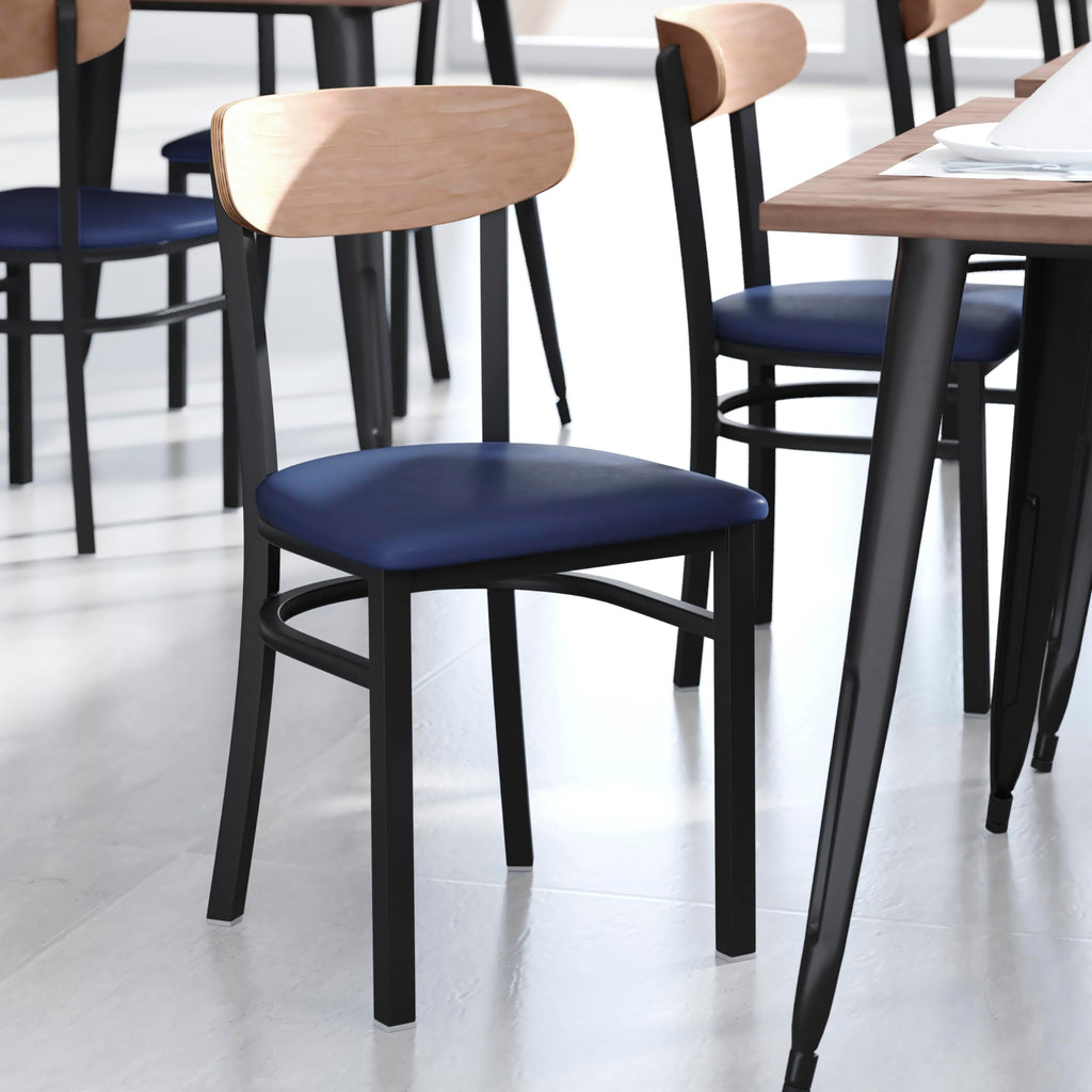 Flash Furniture Wright Commercial Dining Chair - 500 Lb. Capacity Black Steel Frame-Integrated Footrest 1 Pack Natural Birch Wood Back/Blue Vinyl Seat
