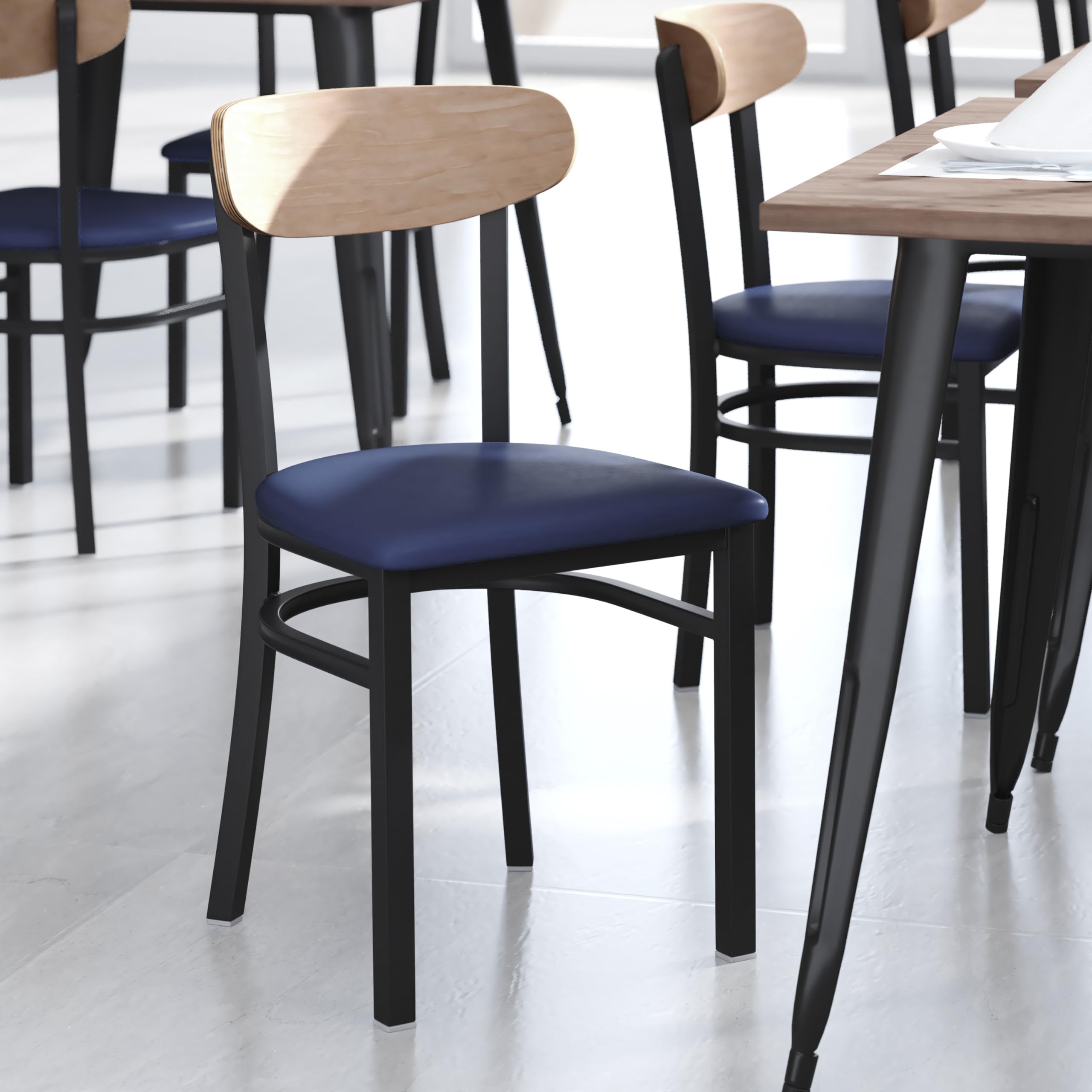 Flash Furniture Wright Commercial Dining Chair - 500 Lb. Capacity Black Steel Frame-Integrated Footrest 1 Pack Natural Birch Wood Back/Blue Vinyl Seat