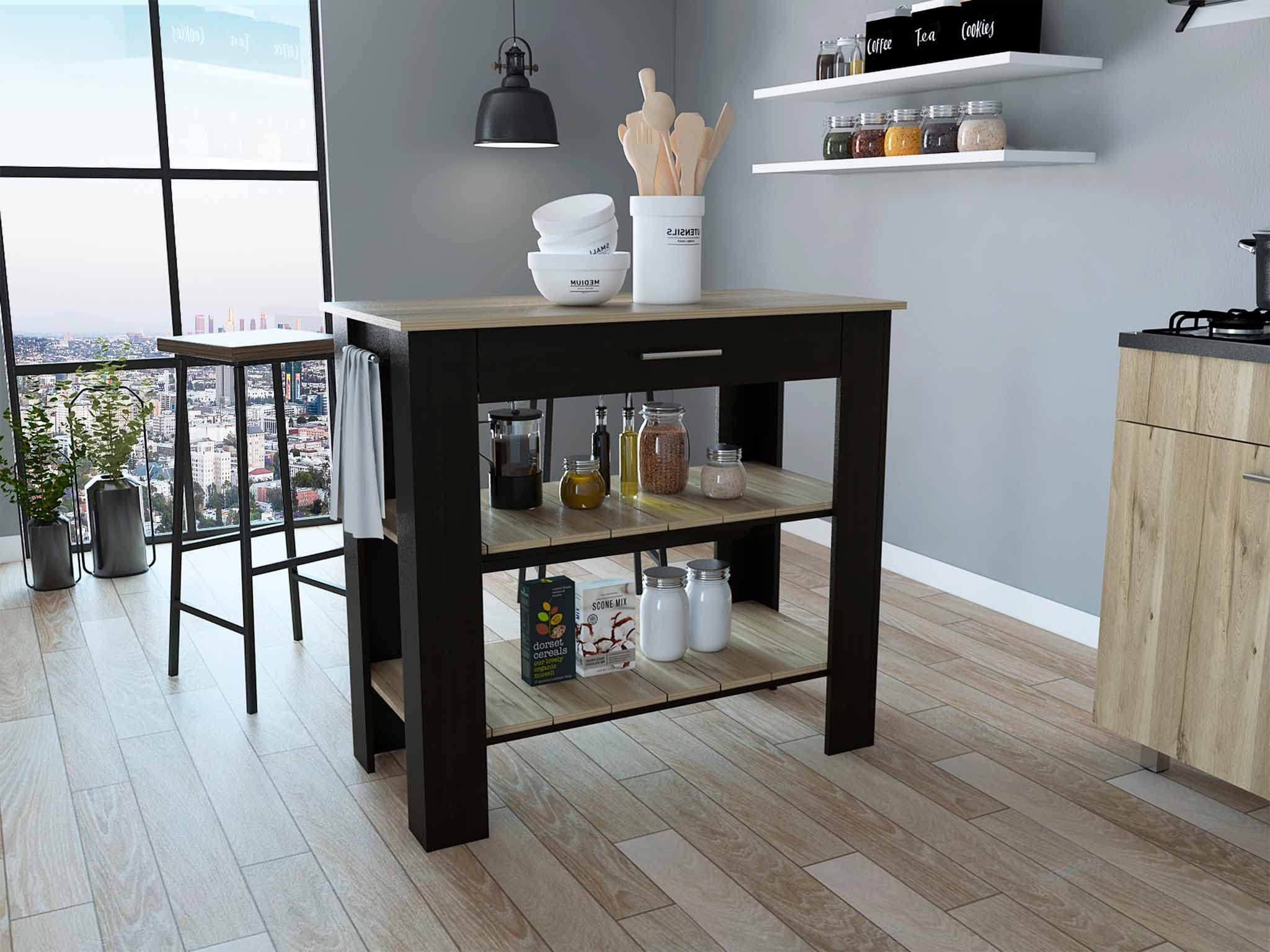 HomeRoots Black - Light Oak Particle Board Light Oak and Black Kitchen Island with Drawer and Two Open Shelves