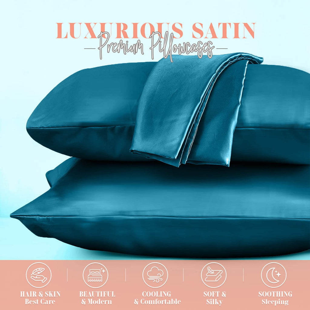 Elegant Comfort Silky And Luxurious 2-Piece Satin Pillowcase Set For Healthier Skin And Hair, Hidden Zipper Closure And Beautifully Packaged, Satin Pillowcase Set, Standard/Queen, Turquoise