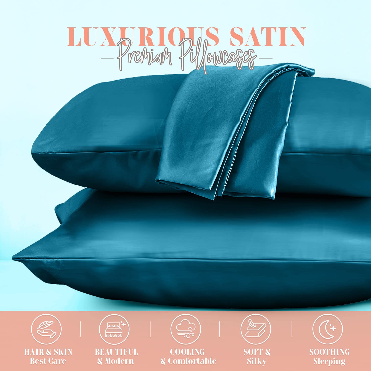 Elegant Comfort Silky And Luxurious 2-Piece Satin Pillowcase Set For Healthier Skin And Hair, Hidden Zipper Closure And Beautifully Packaged, Satin Pillowcase Set, Standard/Queen, Turquoise