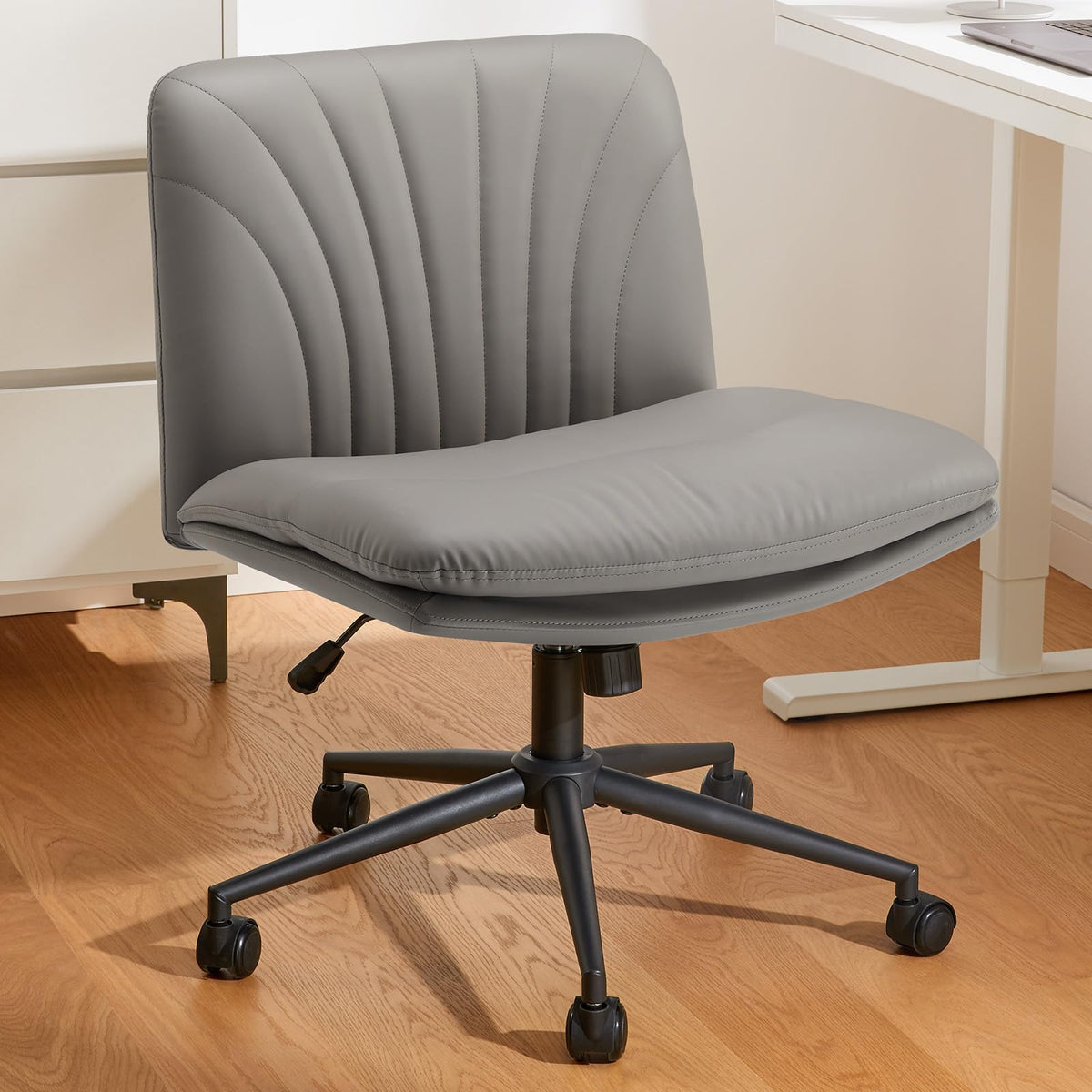 Marsail Armless-Office Desk Chair With Wheels: Pu Leather Cross Legged Wide Chair,Comfortable Adjustable Swivel Computer Task Chairs For Home,Office,Make Up,Small Space,Bed Room, Grey