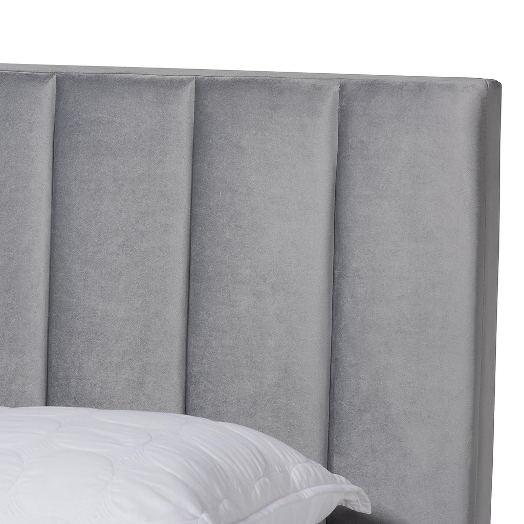 Baxton Studio Clare Queen Size Gray Velvet Panel Bed with Tufted Headboard