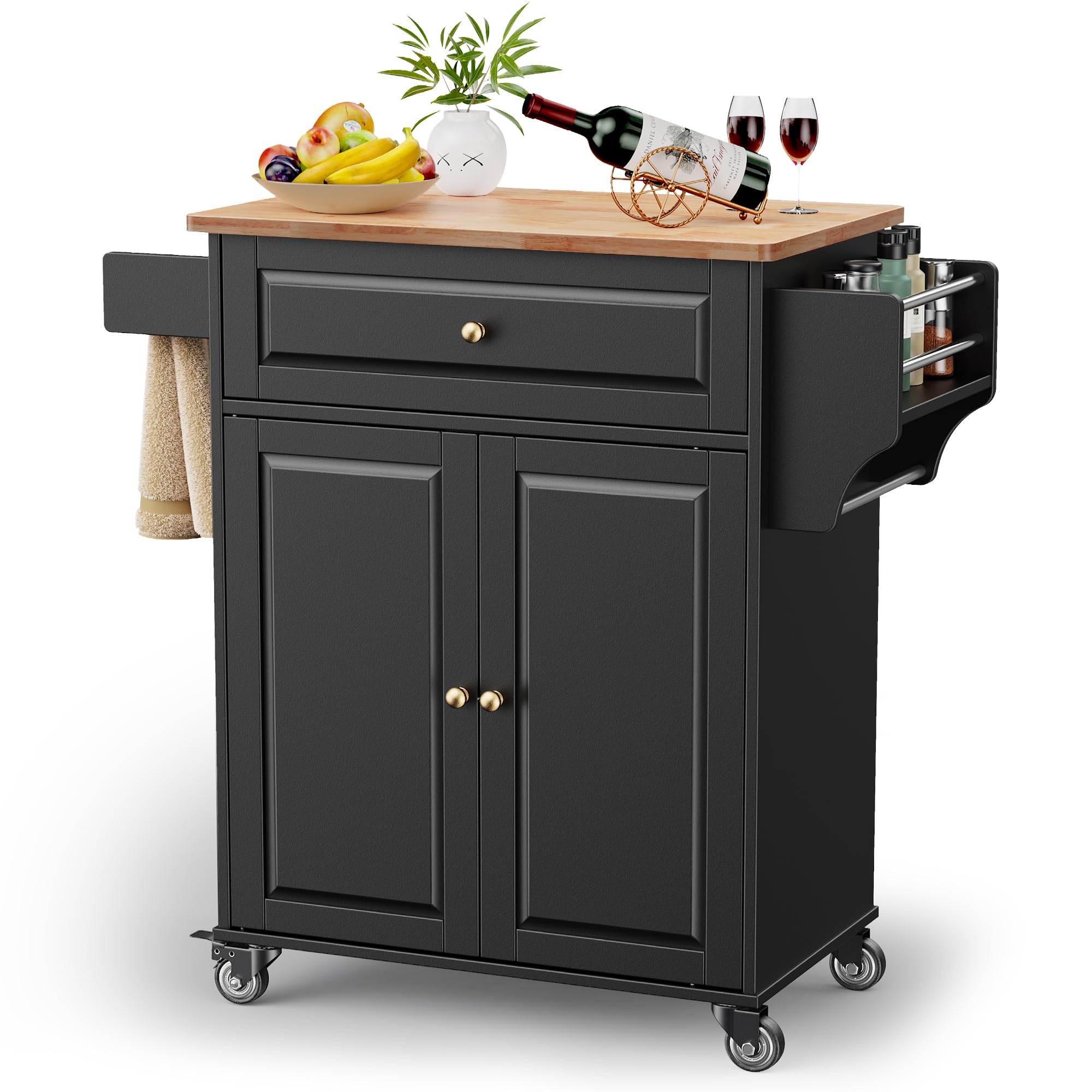 Gizoon Kitchen Island Cart with Rubberwood Top, 35.8 W Rolling Kitchen Island on Wheels with Adjustable Shelf, Drawer, Spice Rac