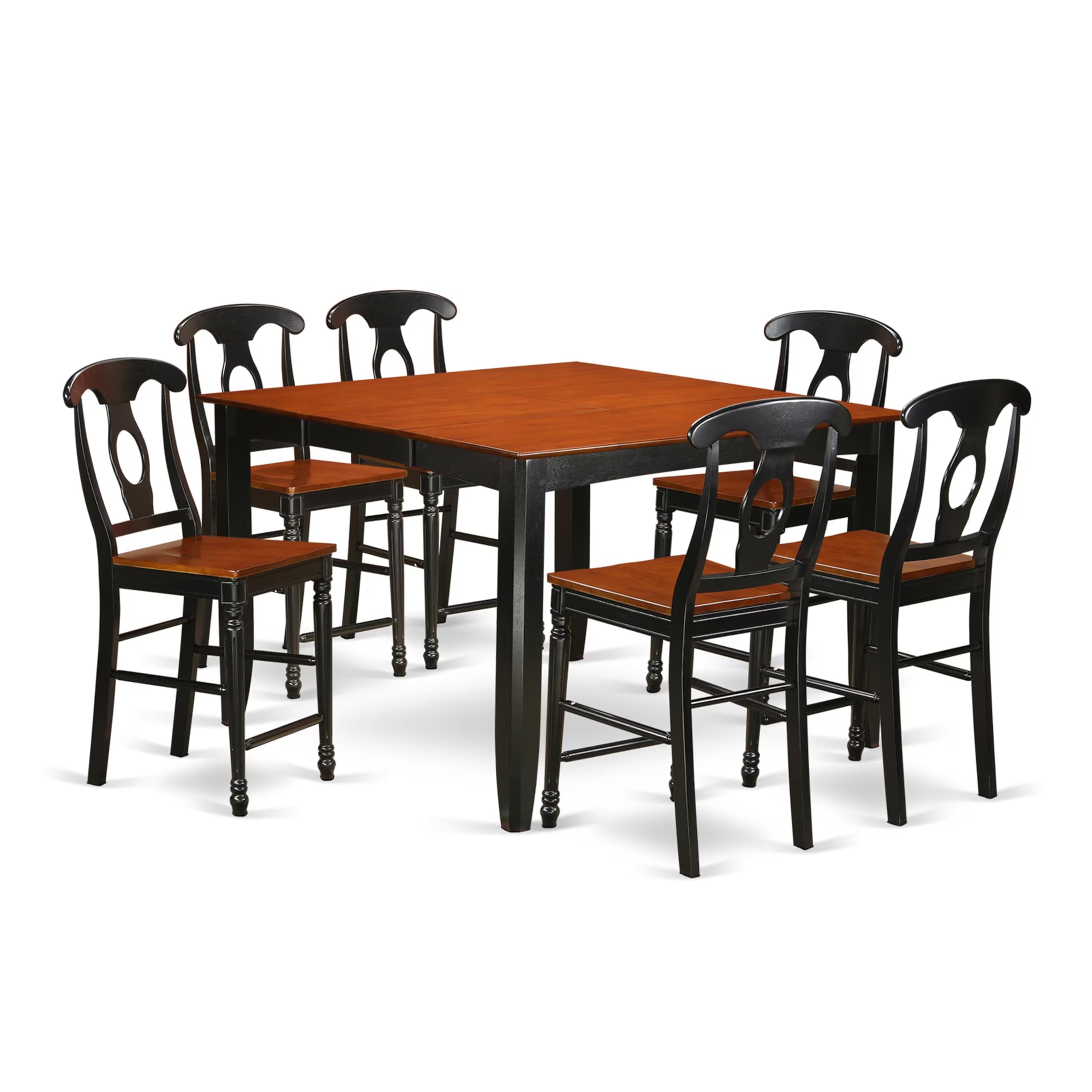 East West Furniture FAKE7H-BLK-W 7 Piece Counter Height Dining Set Consist of a Square Kitchen Table with Pedestal and 6 Dining Chairs, 54x54 Inch, Black & Cherry