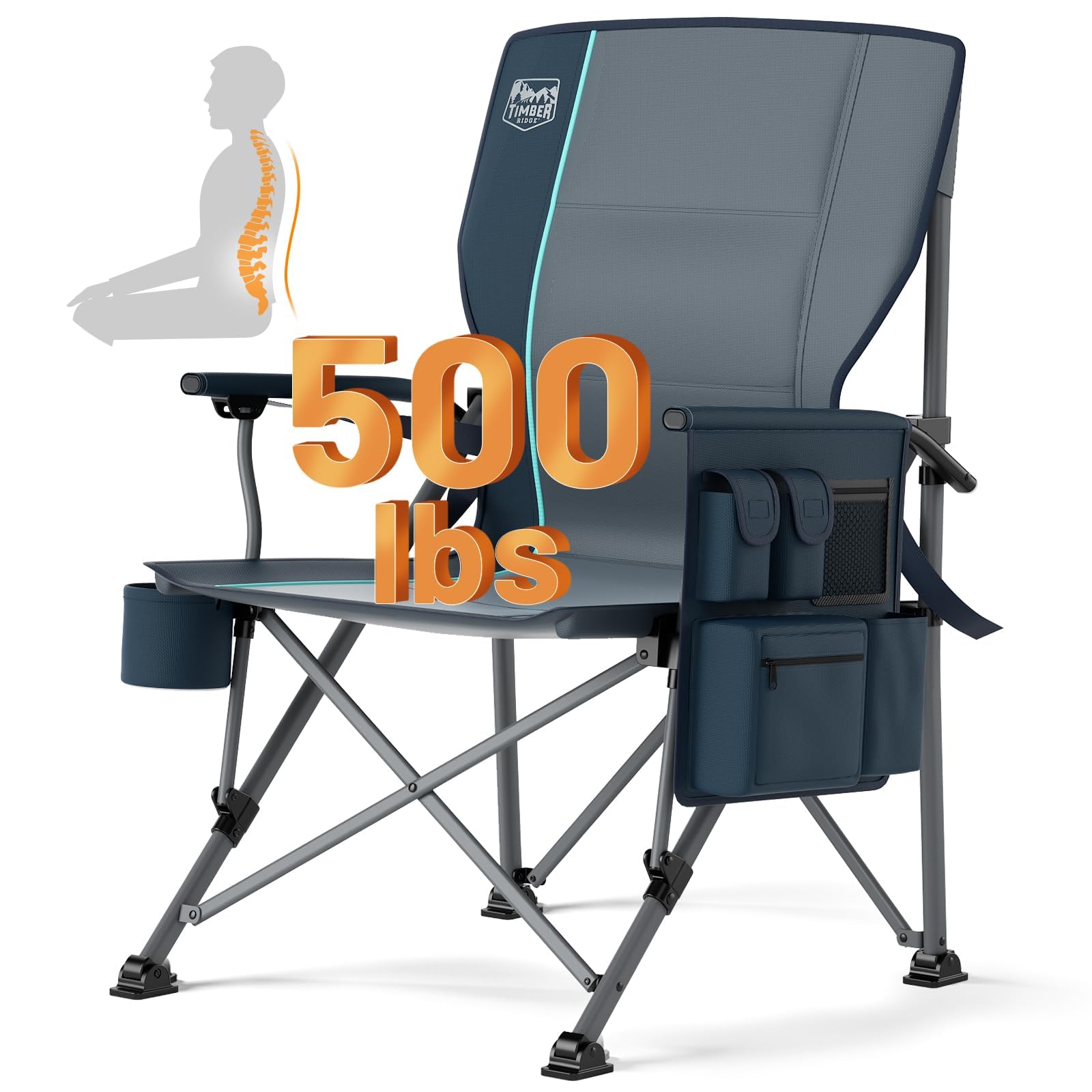 Timber Ridge Oversized Folding Camping Chair with Lumbar Support Adjustable High Back Heavy Duty for Adults Support up to 500lbs