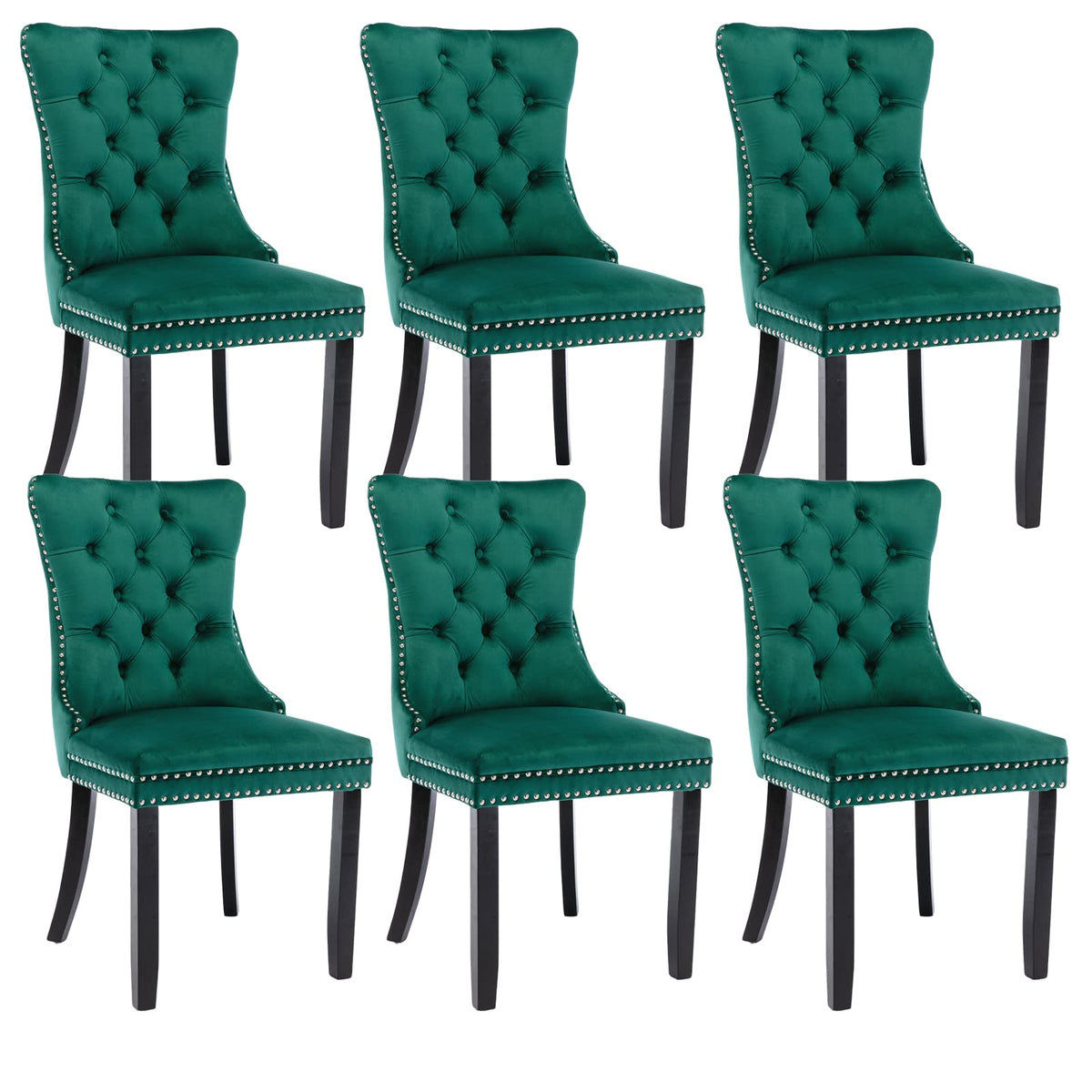 Green Velvet Dining Chairs Set Of 6, Upholstered Dining Room Chairs With Back Ring Pull Trim And Solid Wood Legs, Tufted Wingbac