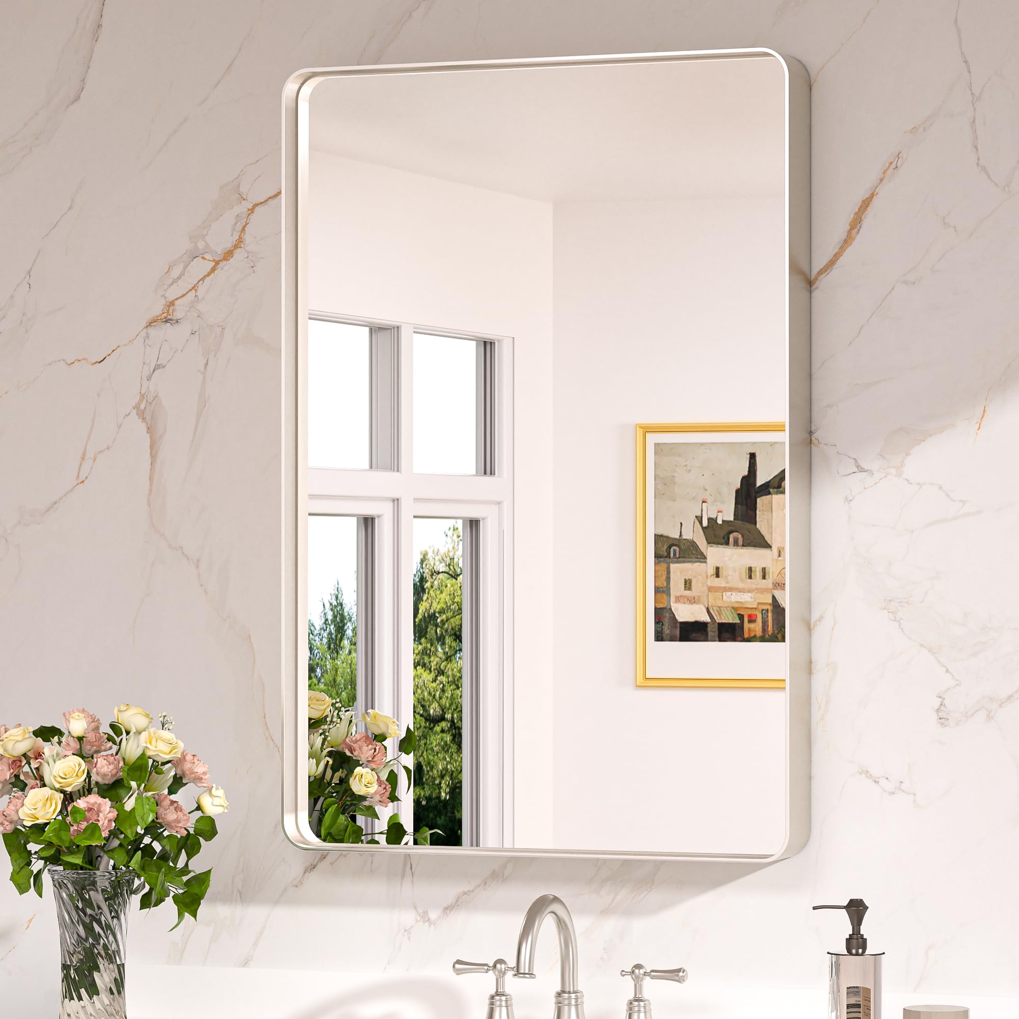 Keonjinn Brushed Nickel Mirror 24    x 36    Silver Bathroom Mirror for Over Sink, Rounded Rectangle Farmhouse Vanity Mirror wit