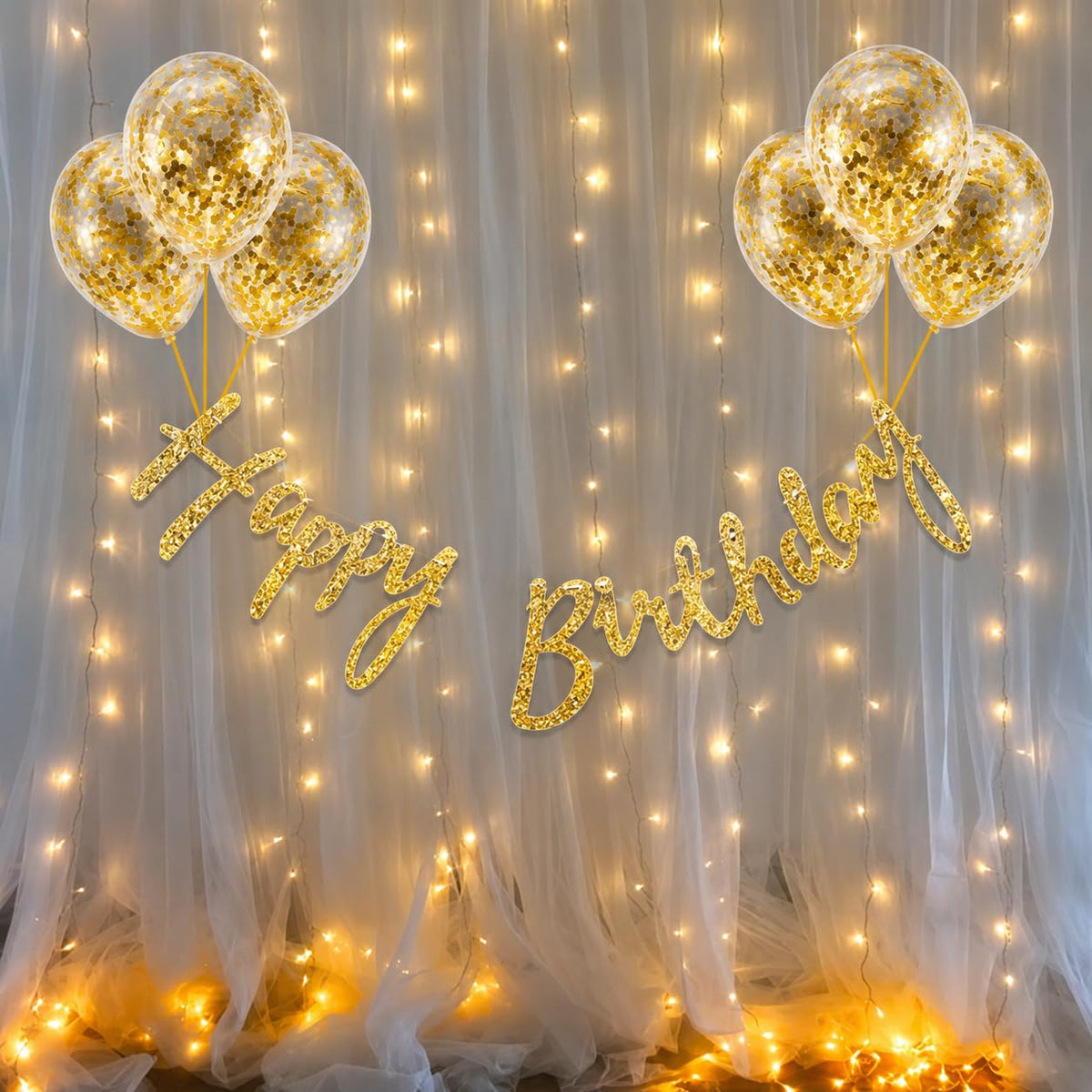 Happy Birthday Decoration Kit with Gold Confetti Balloons & Glitter Banner