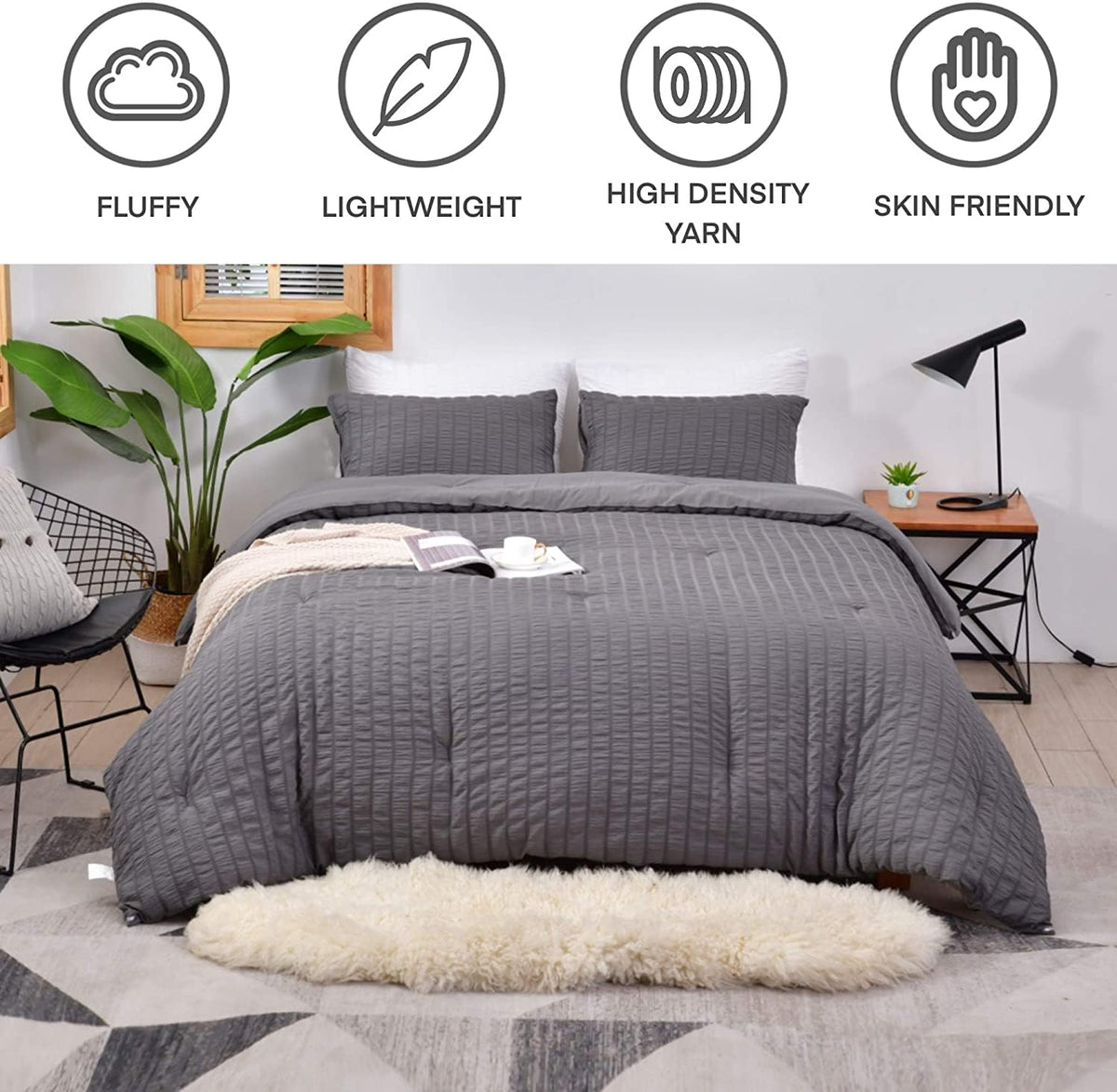 Avelom Dark Gray Seersucker California King Comforter Set (104X96 Inches), 3 Pieces-100% Soft Washed Microfiber Lightweight Comforter With 2 Pillowcases, All Season Down Alternative Bedding Set