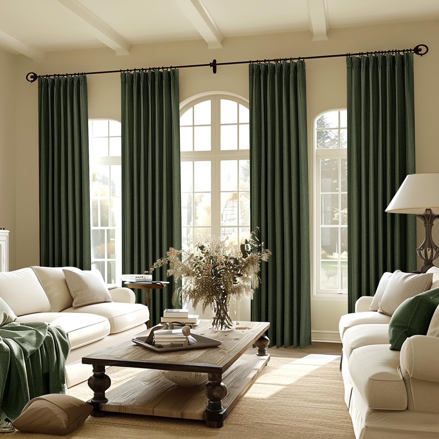 Miulee Olive Green Pinch Pleated 100% Blackout Linen Curtains 90 Inch Length 2 Panels Set, Dark Green Pleat Curtains With Pin Ho